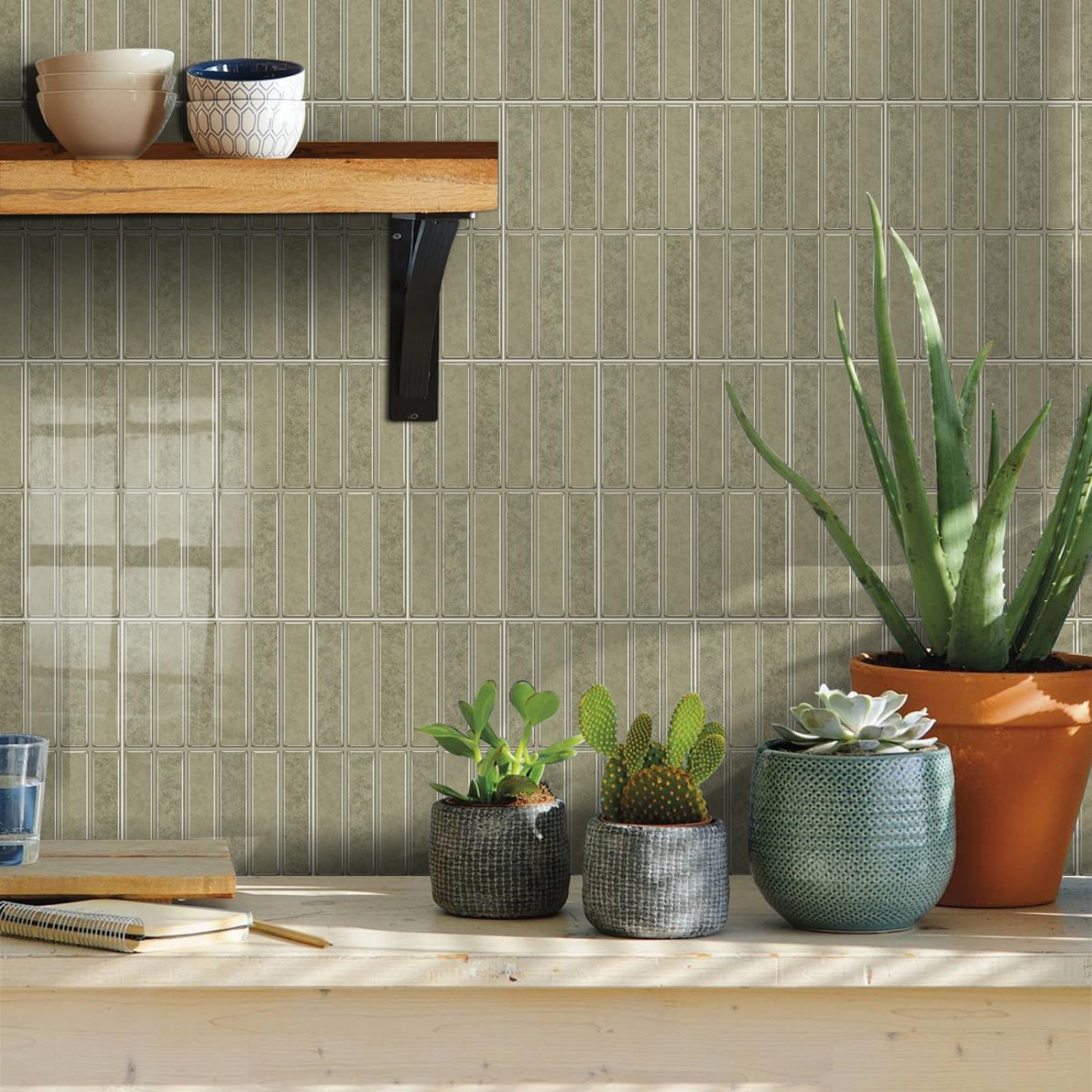Stick on Kitchen Tiles 17x23 cm Green Brown Brick Peel and Wall Waterproof PVC for Fireplace Surround Furniture Decoration Tile Stickers Backsplash 10 Pcs