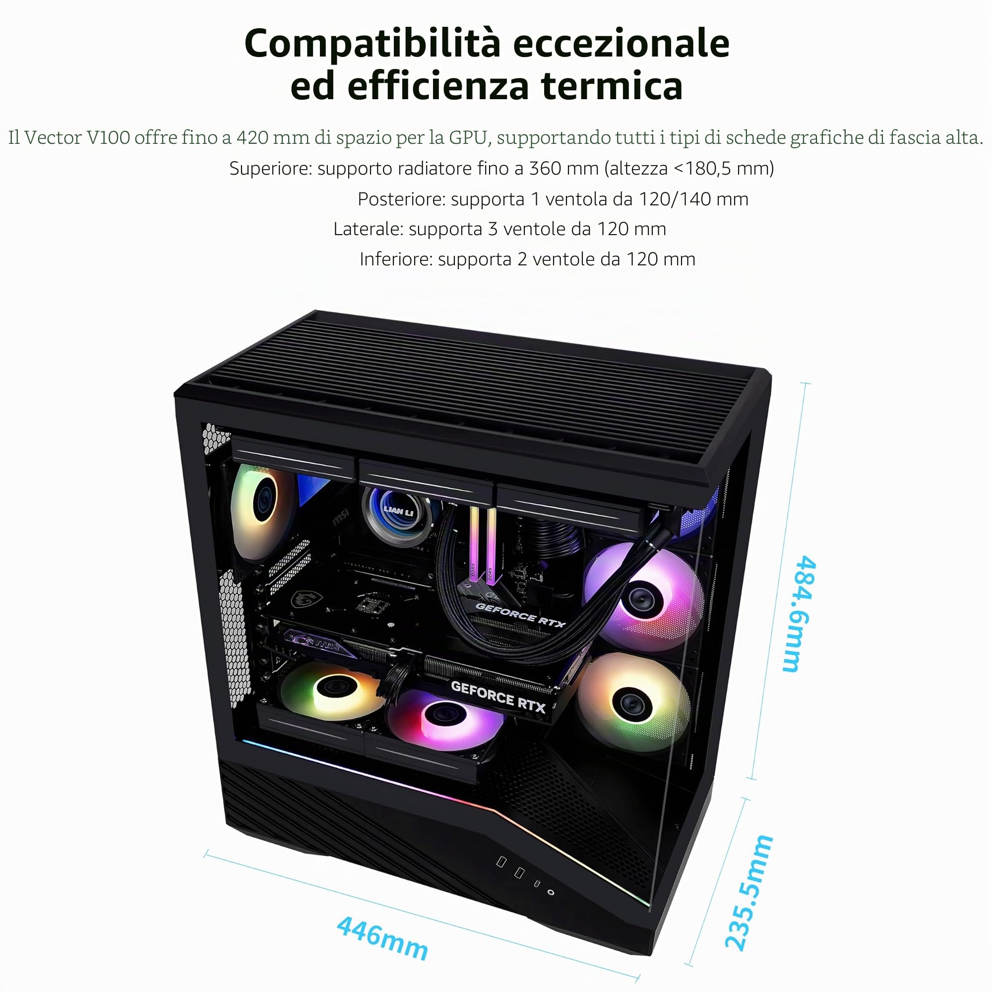 Lian Li Case per PC Mid-Tower V100 ATX, striscia LED RGB, design della piattaforma display con vetro temperato, supporto GPU da 415 mm, radiatore da 360 mm, I/O laterale e flusso d'aria ottimizzato