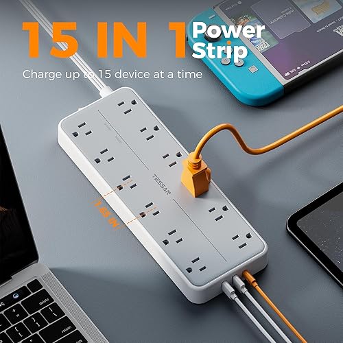 Miniatura 2 de TESSAN Regleta protectora de sobretensiones, cable de extensión con múltiples tomas, 12 salidas de CA, 3 puertos USB (1 USB C), enchufe de pared