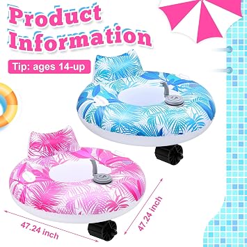 2 Sets Motorized Pool Float for Adults, Electric Inflatable Pool Lounger Float Driving Tube Floating with Pusher Handles Cup Holder for Summer Water Beach(Leaves,Blue Pink)