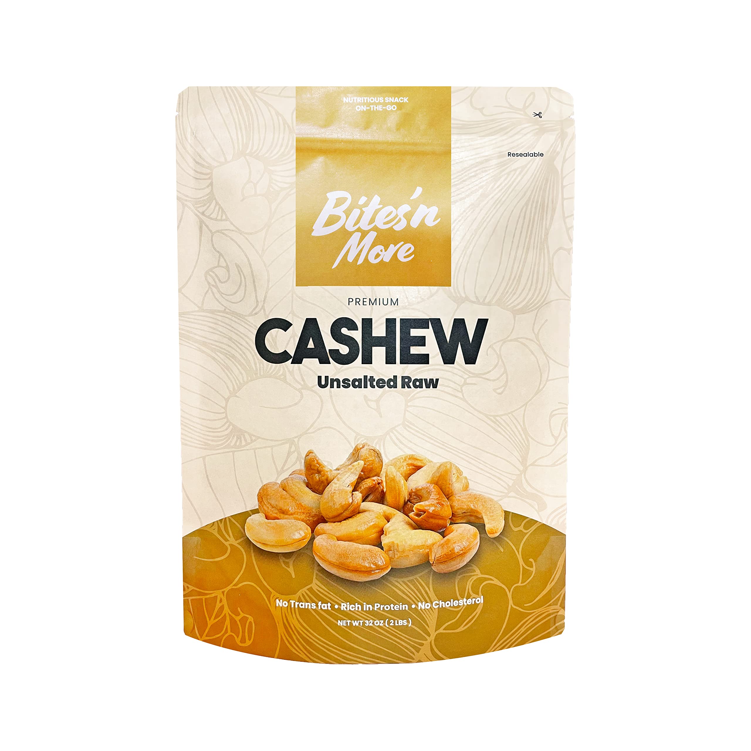 Bites 'N More Premium Whole Raw Cashew Nuts | Unsalted | Plant-Based protein | Creamy and Milky | Party Snacks | Healthy Snack On The Go | Resealable bag 32oz/2lbs.