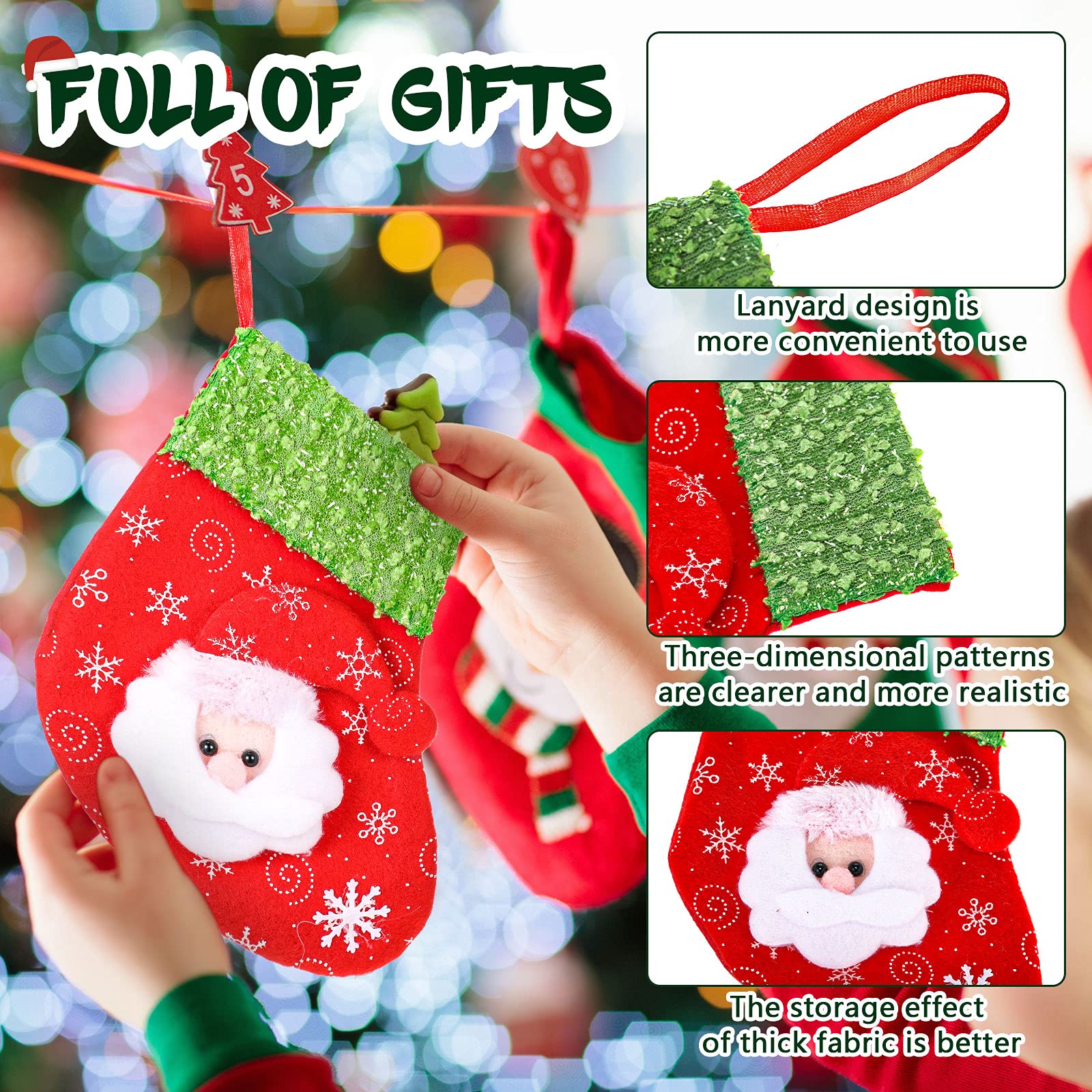 36 Stück Mini Weihnachtsstrümpfe 6,8 Zoll 3D Rentier Santa Weihnachtssocken Kleine Bulk Rot und Grün Candy Strümpfe Sortiert Kamin Hängende Strümpfe mit Seil für Weihnachtsbaum Heimdekoration