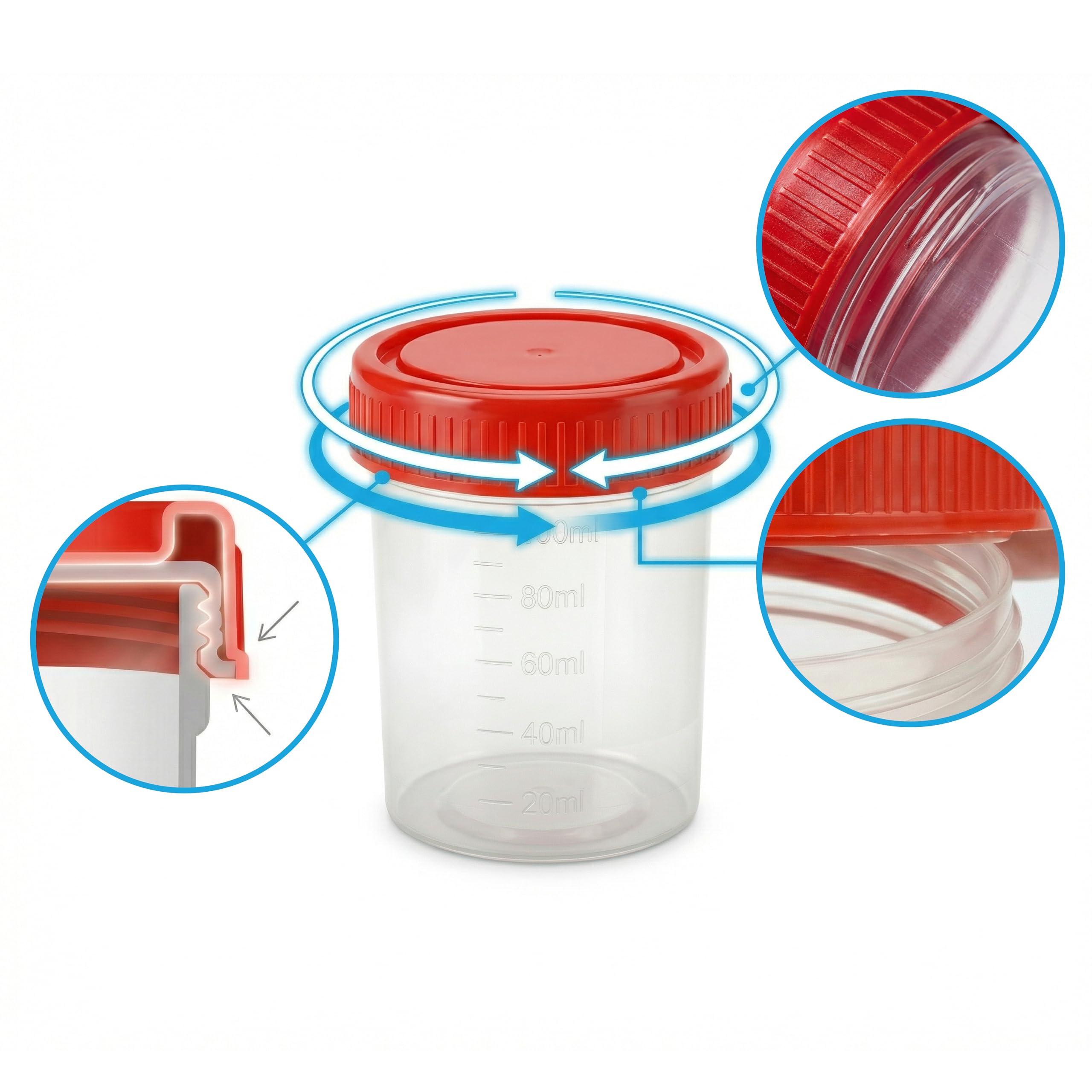 KMINA Colector de Orina 120 ml (200 unidades), Bote de Muestra con Tapón de Rosca Rojo, Graduado y con Banda Mate para Rotular, Higiénico