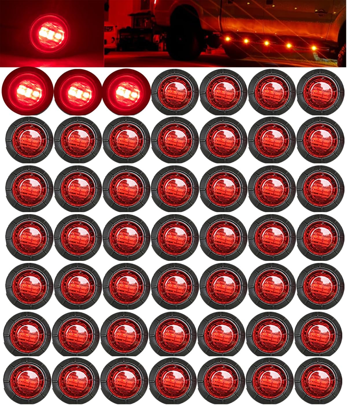 50pc of 3/4 Inch Mini Small Round Red 3LED Side Marker Indicator Turn Signal Light Clearance Lamp Truck Trailer Bus Marine RV Automobiles Flatbed Waterproof 12V DC with Rubber Grommets