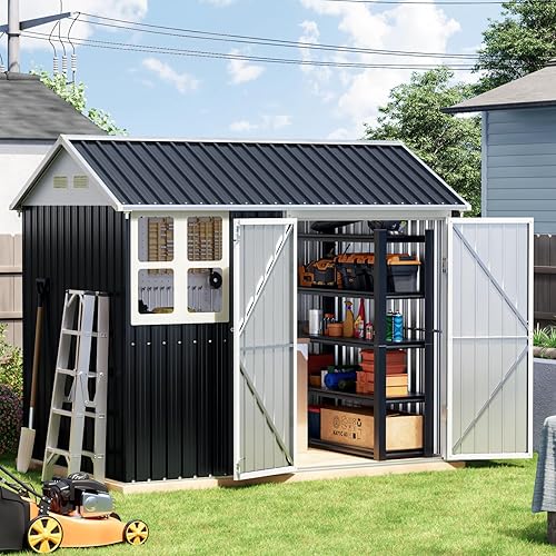 8x6 FT Outdoor Metal Storage Shed,Double Doors, 1 Clear Window, Tool Shed for Garden, Patio, Backyard