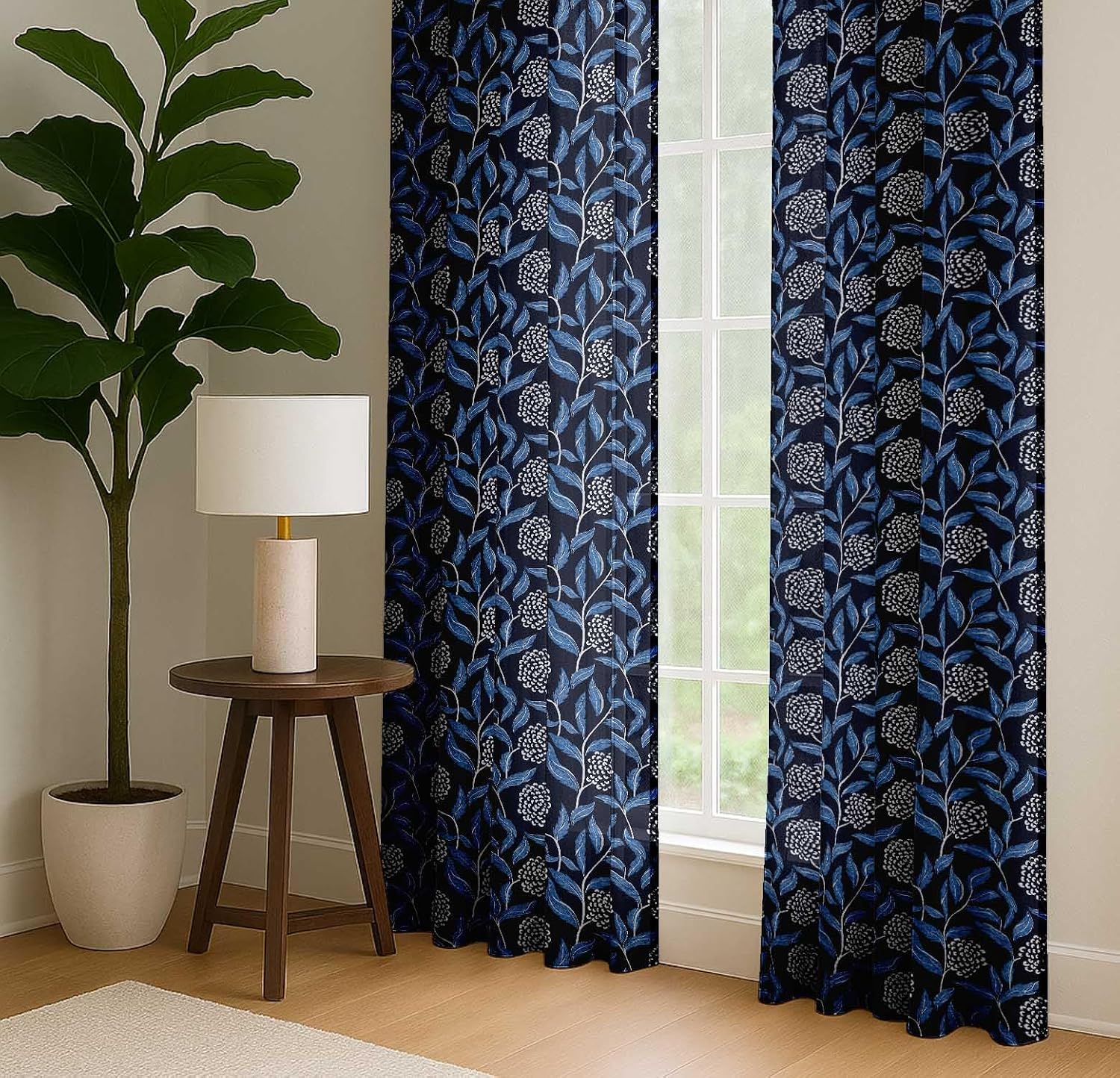 Cotton Curtains for Windows - 3-in-1 Rod Pocket/Back Tab Short Window Drapes - Light Filtering Cotton Canvas Panels - Set of 2, 52"x63" - Leaves Print (Blue)