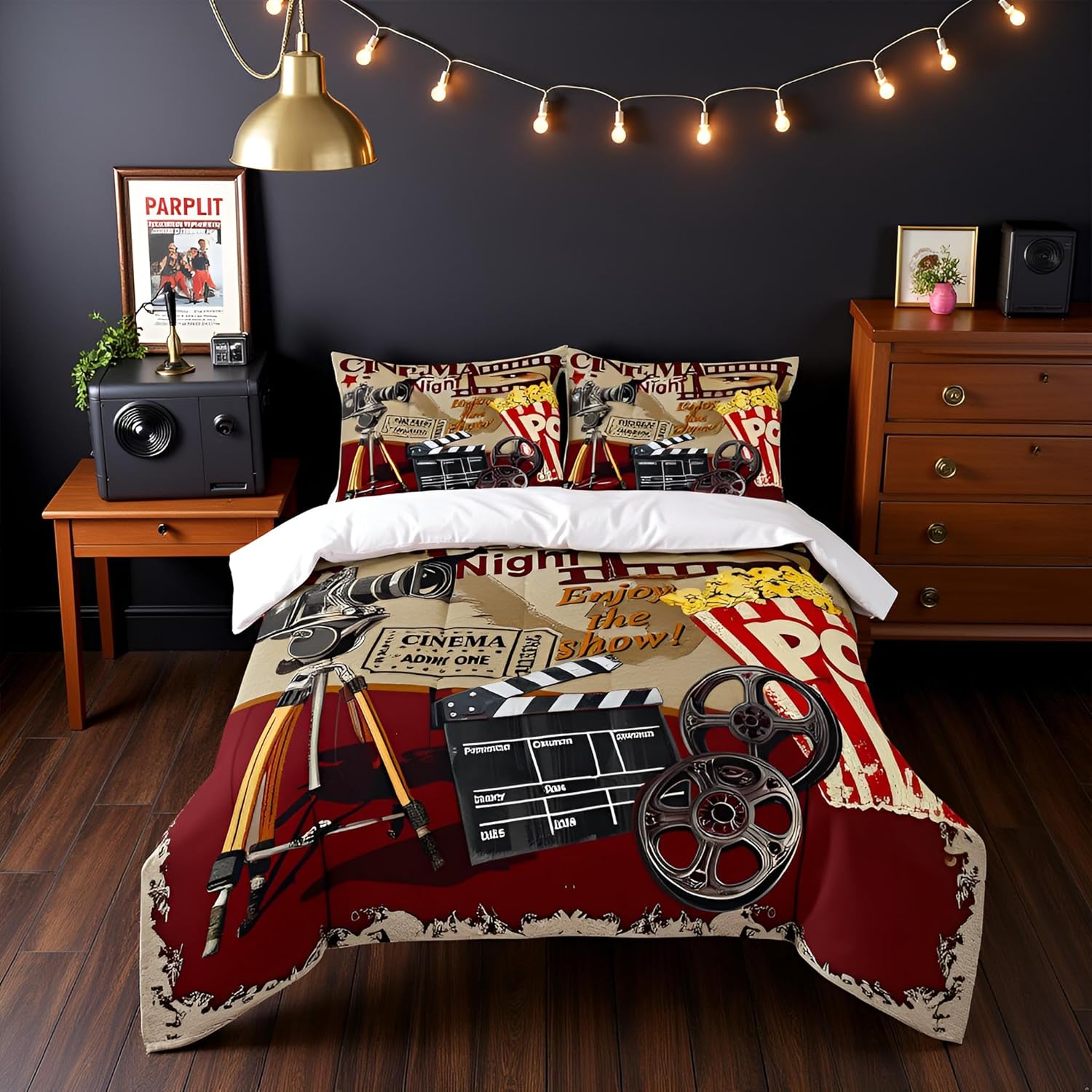 Teens Retro Cinema Comforter Set Queen Size,Movie Theater Theme Bedding Set for Kids Boys Girls Bedroom Decoration,Popcorn and Film Bed Duvet Insert,Vintage Cinema Ticket Comforter with 2 Pillowcases