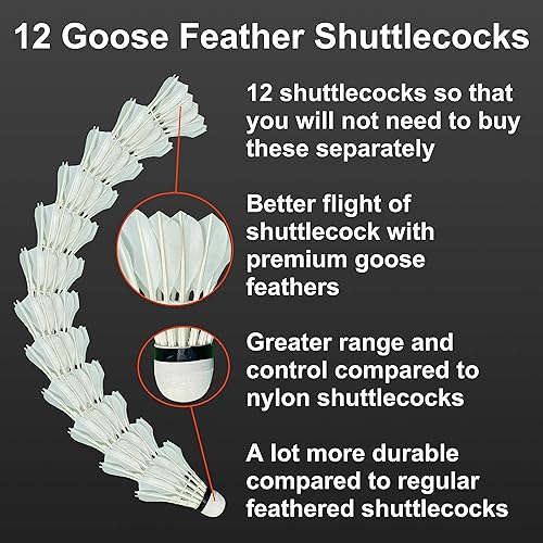 Miniatura 5 de Falconz Juego de bádminton - 4 raquetas de fibra de vidrio de grafito 282oz-296oz 12 volantes de plumas de ganso y 2 bolsas de raqueta