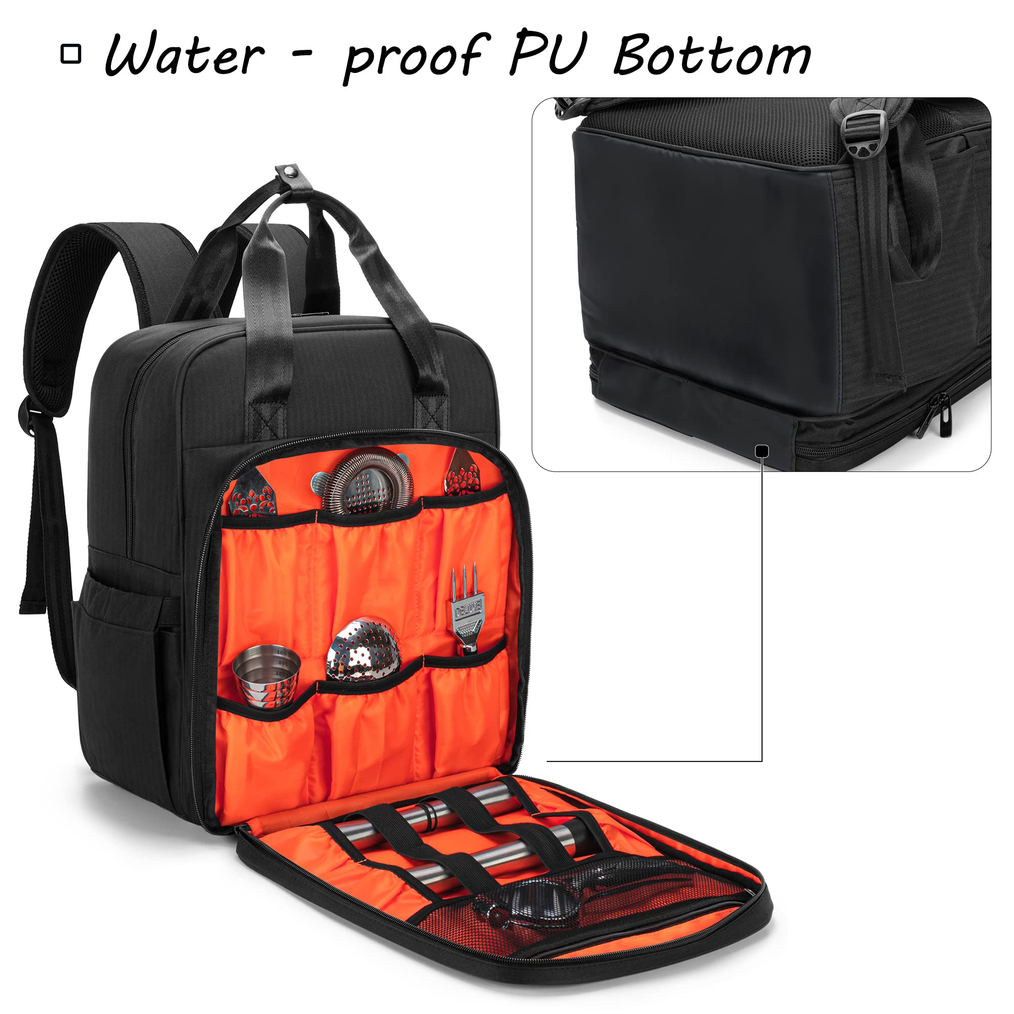 CURMIO Borsa da barman Borsa da viaggio Kit da barman Zaino con scomparti imbottiti, Borsa da trasporto portatile per set di attrezzi da bar, perfetta per feste all'aperto in casa, SOLO borsa, Nero