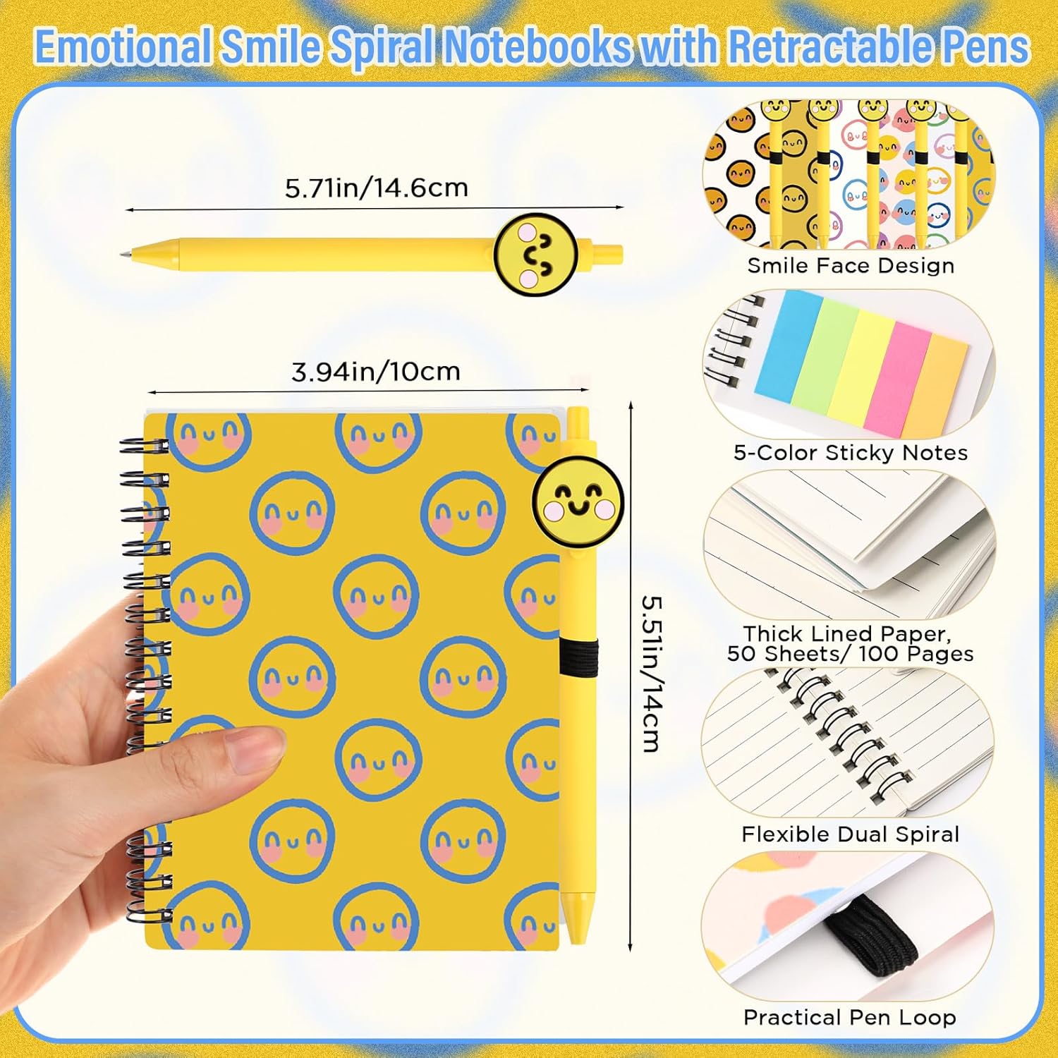 Sayglossy 72 Pcs Emotional Smile Support Notebook with Sticky Note Bulk Smile Face Pen Coworker Team Affirmation Gift for Employee Staff Nurse Teacher(Lined Journal)