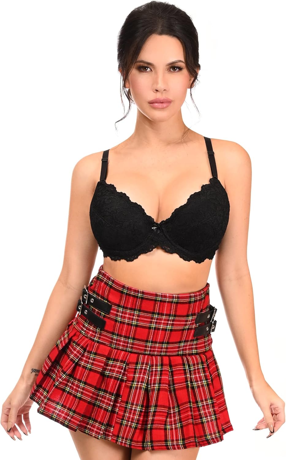 Daisy corsets Women's Red Plaid Pleated Skirt W/Buckles 2X Red