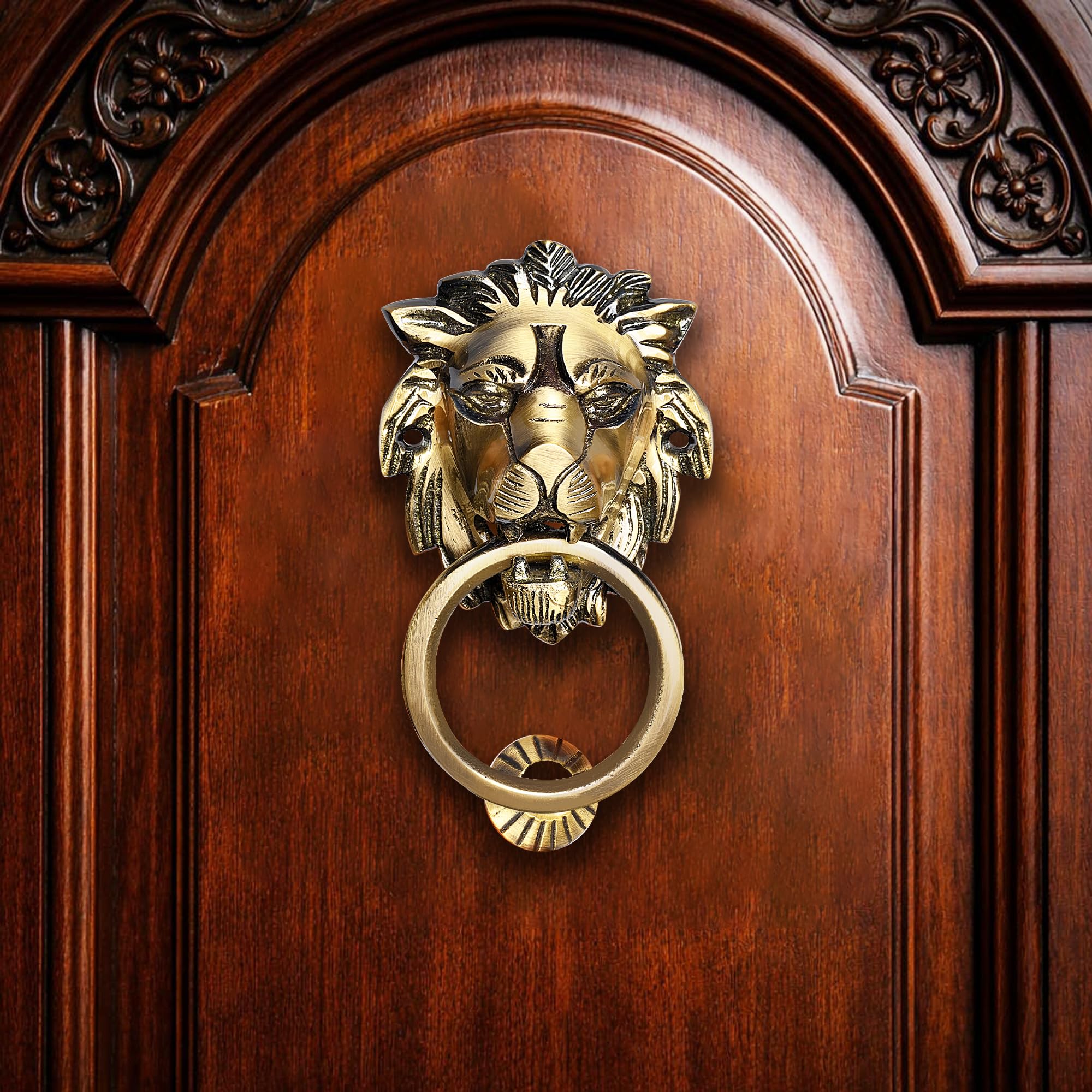 Handcrafted Brass Door Knocker for Main Door, Vintage Style, Decorative Hardware for Home Entrance Decor,THE INDIAN AURA (Lion Face)-image-0