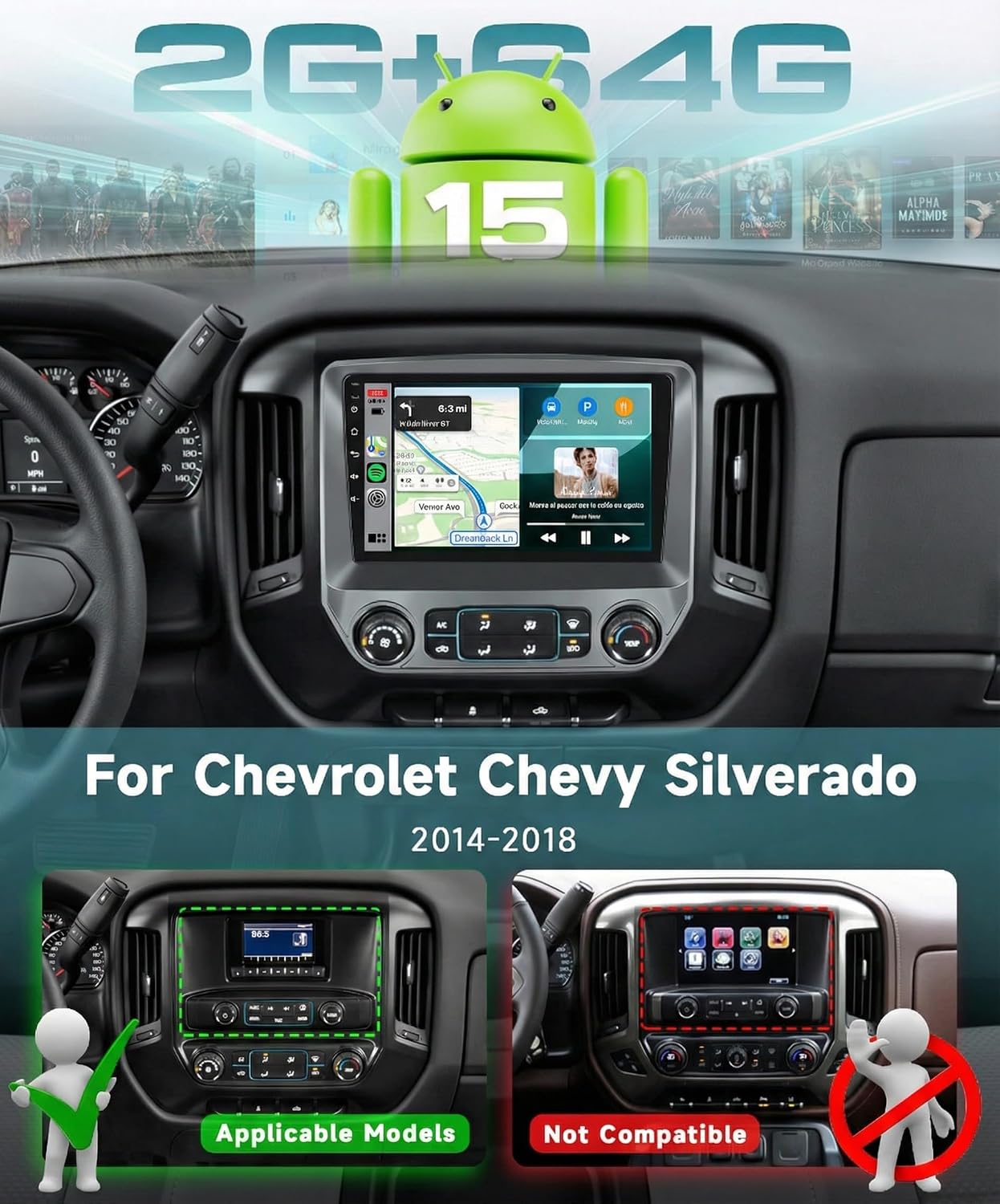 10.1'' Car Radio Stereo for Chevrolet Chevy Silverado 2014 2015 2016 2017 2018 Silverado Android 15 Radio 4Core 2G&64G with Wireless Carplay&Android Auto/AM/FM/Rear View Camera/GPS/BT/RDS/SWC