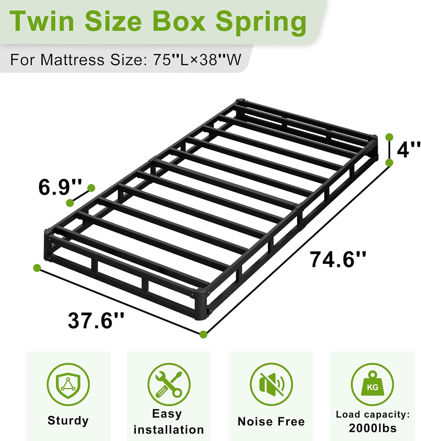 Twin Box Spring 4 Inch - Heavy Duty Box Spring Mattress Foundation Metal Bed Base with Fabric Cover, Noise Free Easy Assembly Non Slip 2000lbs Max