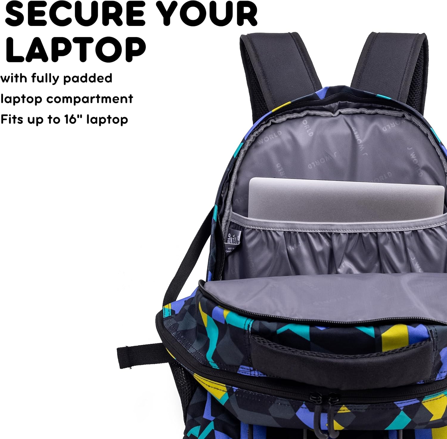 J World New York Atom Laptop Backpack – Ergonomic Backpack for School with Air Mesh Padded Shoulder Straps – 600D Polyester Work Backpack for Men and Women – Stylish Design (CAMO)