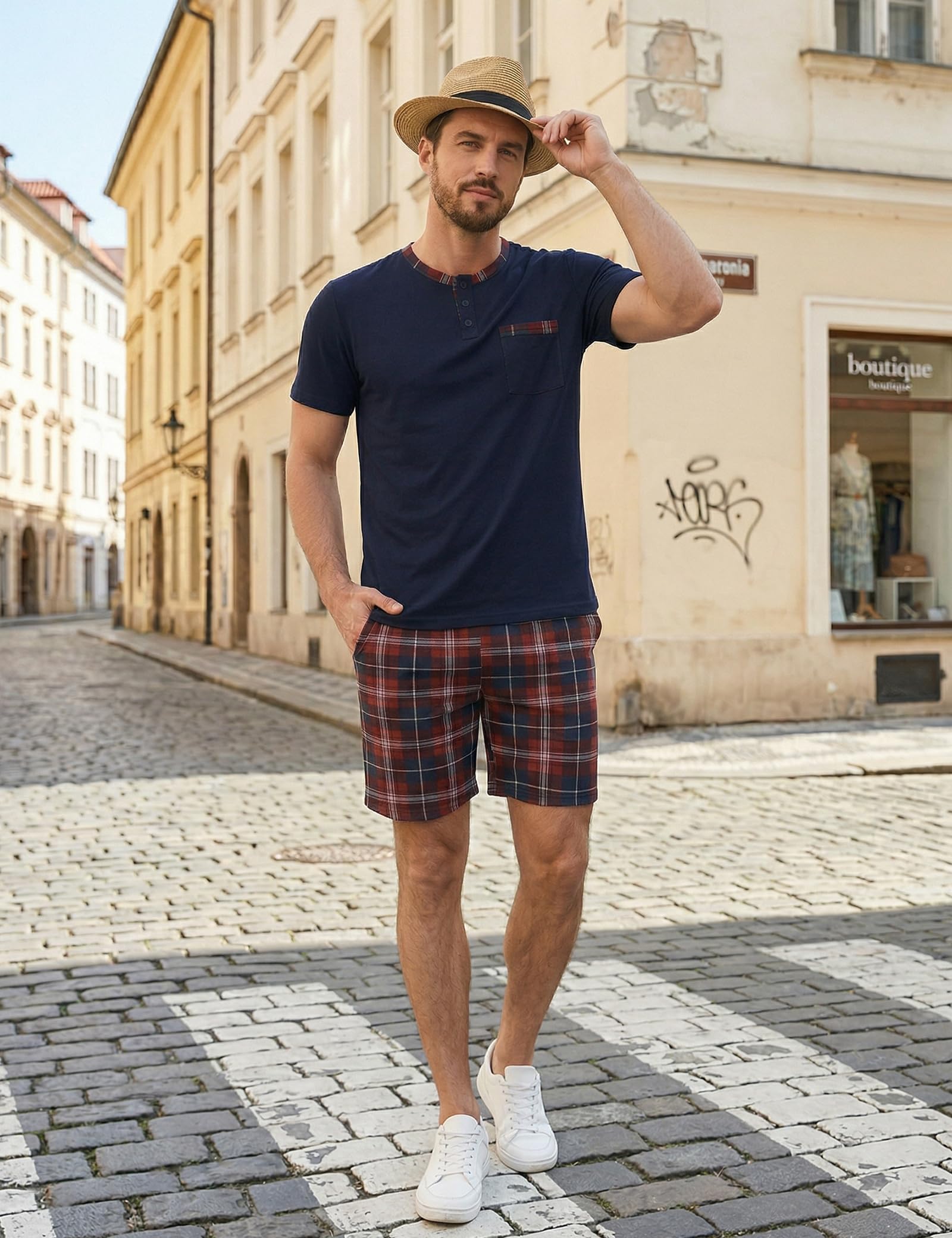 Schlafanzug Herren Kurz Pyjama Baumwolle Zweiteilige Set Sommer Nachtwäsche Kurzarm Oberteil und Karierte Schlafanzughose
