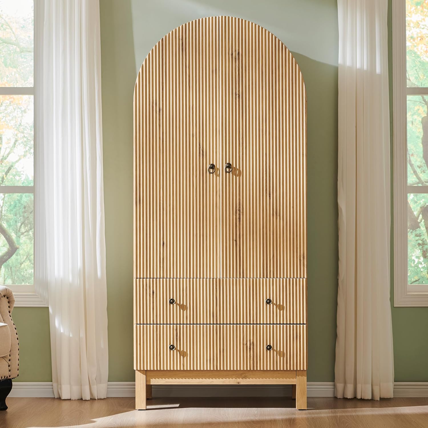 IFBUY 71" Tall Arched Bathroom Storage Cabinet, Modern Fluted Cabinet Storage with 4 Shlves and 2 Drawers, Floor Cabinet for Bathroom, Living Room, Kitchen, Natural