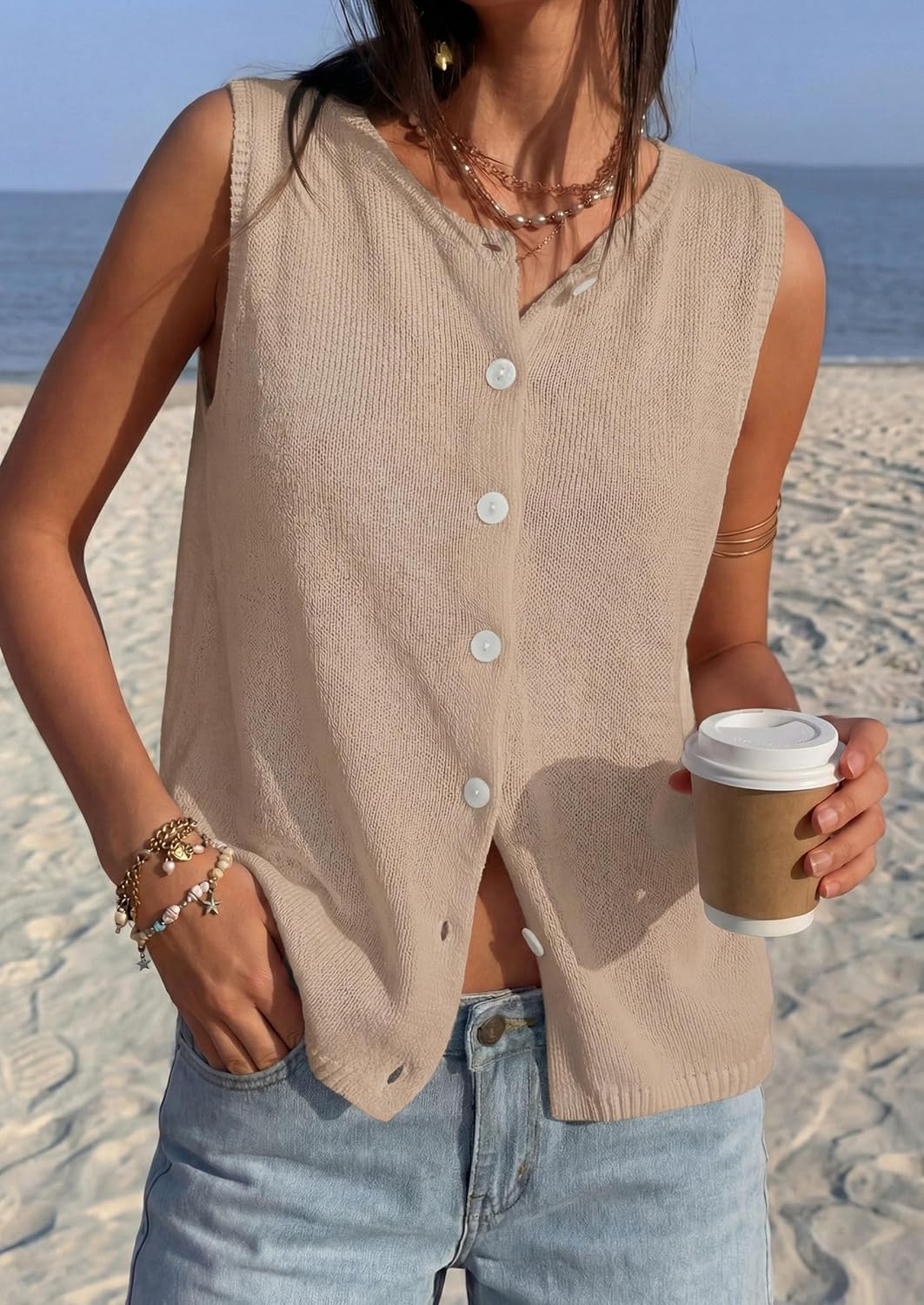 PRETTYGARDEN Vest Tops for Women 2026 Summer Sleeveless Sweater Tops Spring Trendy Knit Vests Cute Button Up Cardigan - Image 5