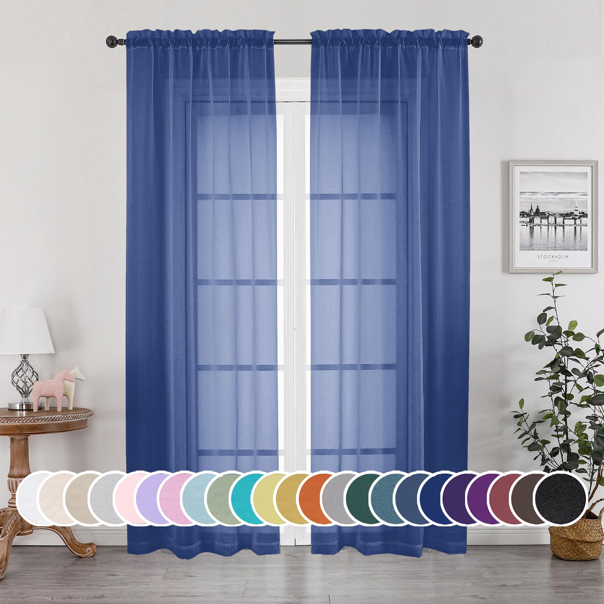 OWENIE Sheer Curtains 84 Inches Long 2 Panels Set for Bedroom Living Room, Light Filtering Voile Blue Sheer Curtains, Airy Rod Pocket Farmhouse Curtains, Royal Blue, Each 42Wx84L inch