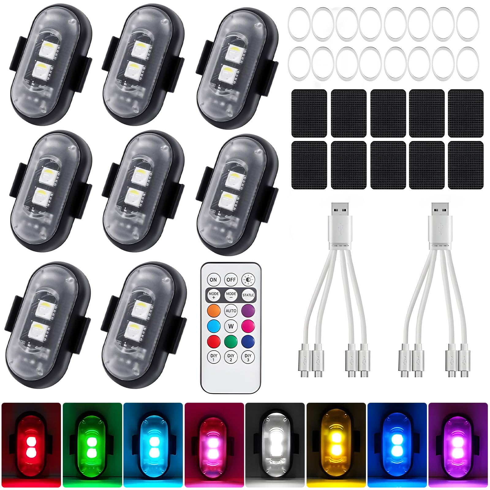 Vautvis 8 Pièces LED sans Fil Voiture, LED pour Stroboscope Voiture sans Fil, 8 Couleurs Strobe Drone Light étanche avec Télécom
