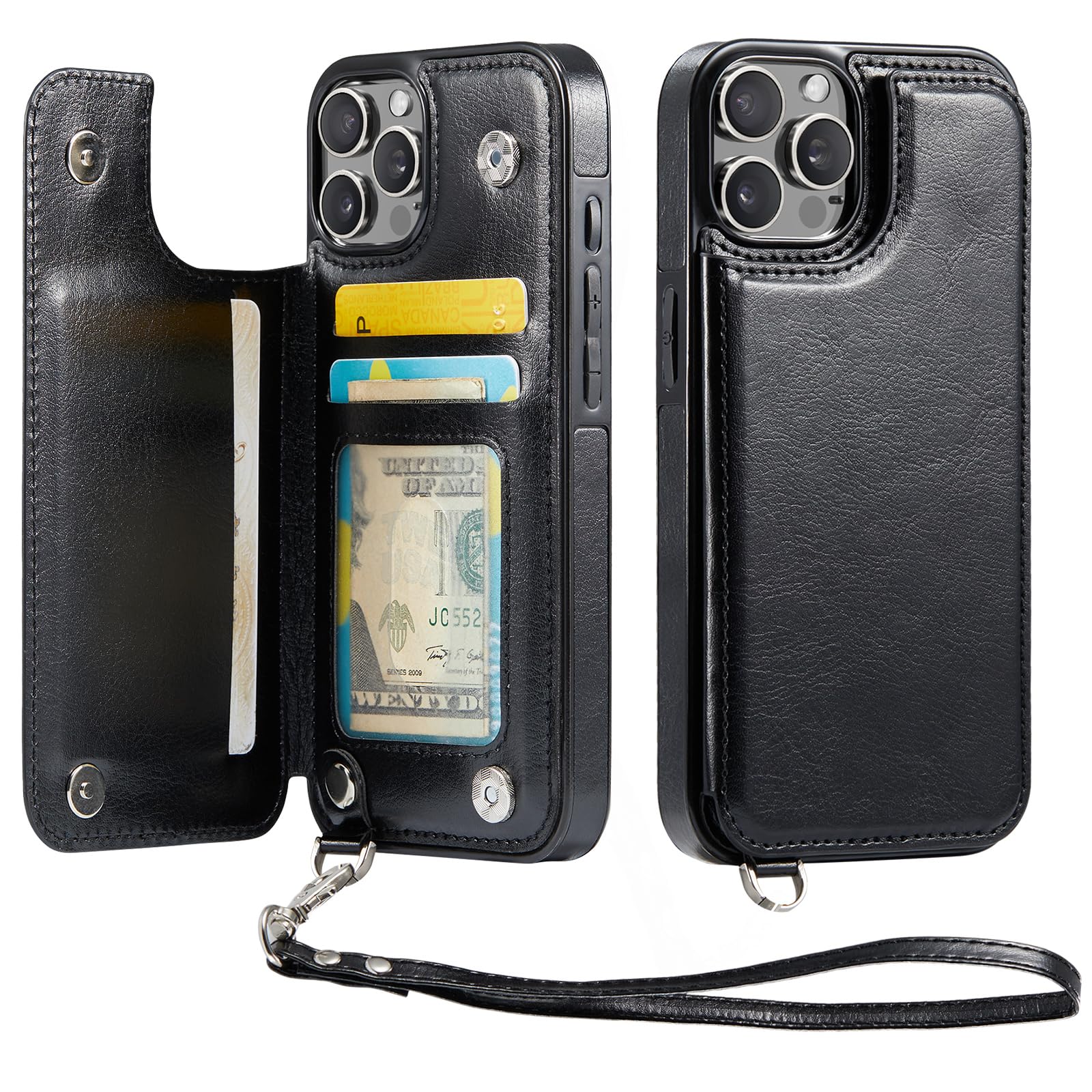 for iPhone 15 Pro Wallet Case with Card Holder, Case for iPhone 15 Pro with RFID Blocking, Kickstand Card Slots Case, Double Magnetic Clasp and Durable Shockproof Wrist Strap Cover (Black)