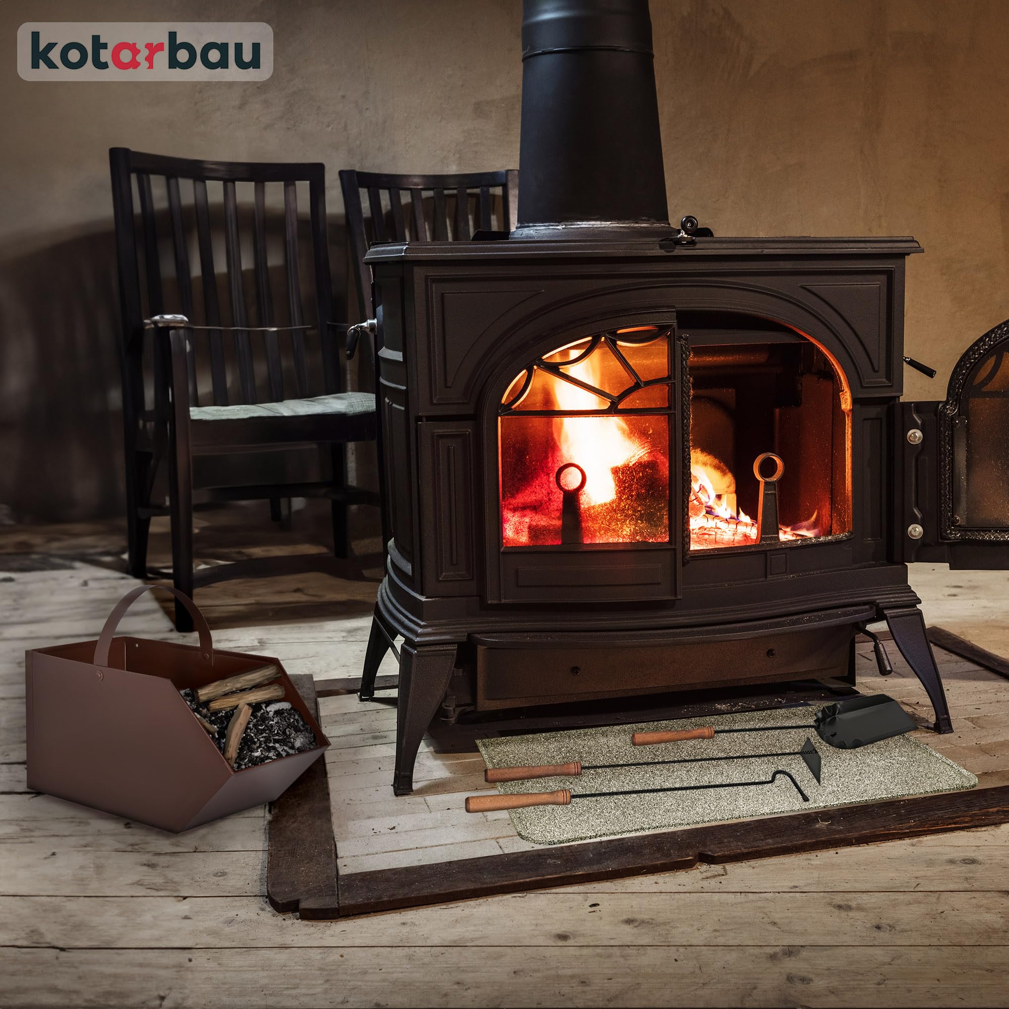 KOTARBAU® Kaminbesteck 4er Set mit Ascheeimer Schürhaken Besen Schaufel mit Holzgriff Kamingarnitur Ofenbesteck Kaminzubehör Pulverbeschichtetes Metall Braun und Schwarz
