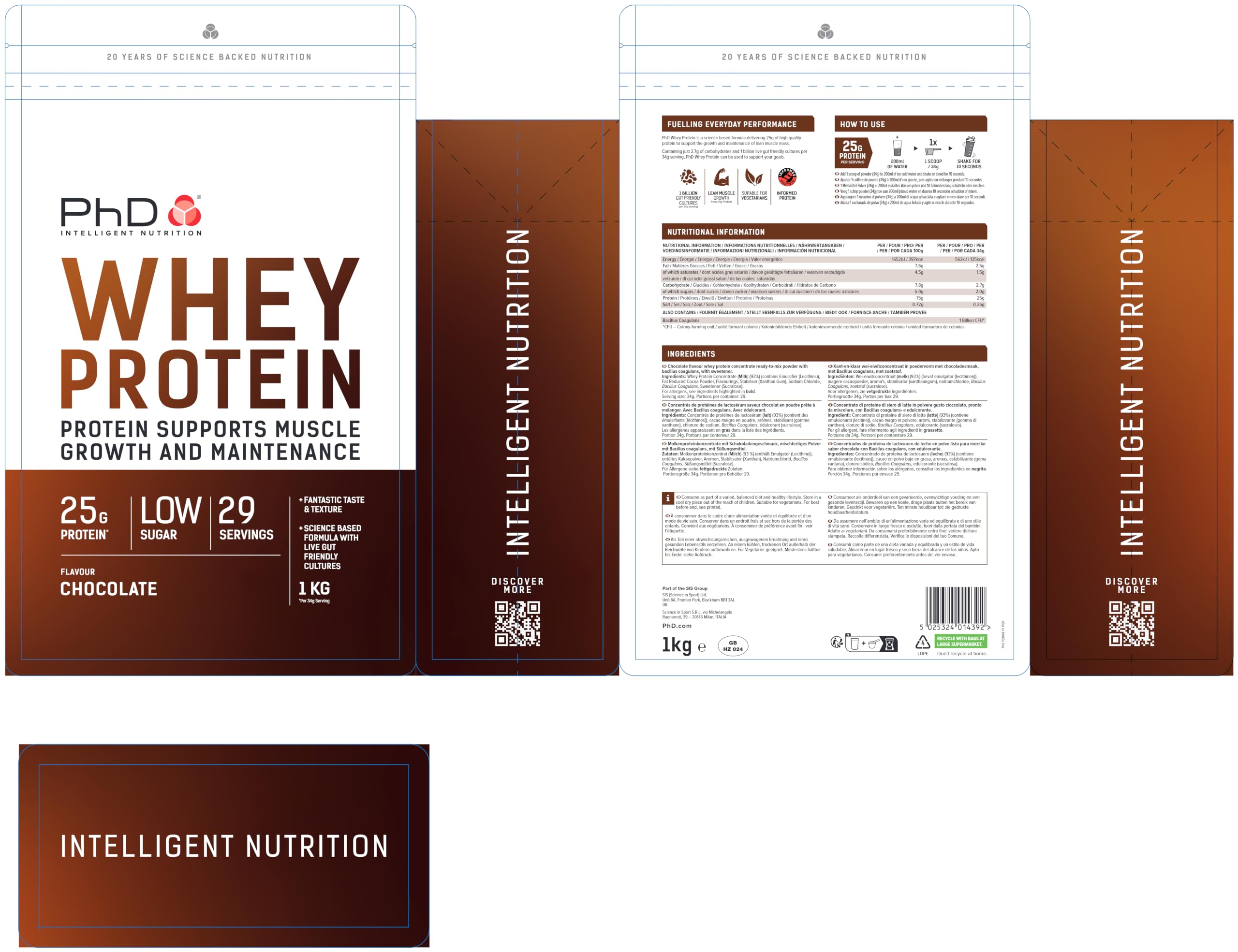 PhD Whey Protein Powder, Chocolate, 1 kg