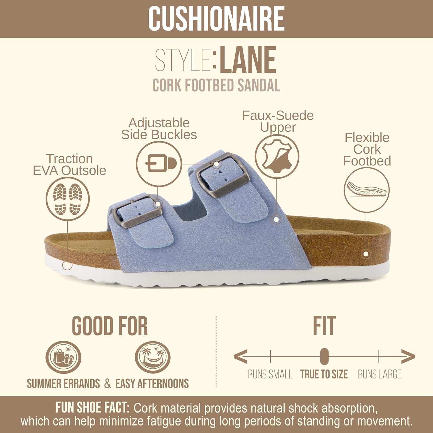 CUSHIONAIRE Lane Cork Footbed Womens Sandals Comfortable Double Buckle Slip On Sandals for Women with Arch Support and Classic Two Strap Design thumbnail