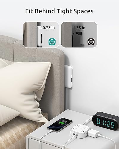 Miniatura 3 de Cable de extensión plano de 6 pies, enchufe plano NUTICT con 8 tomas de corriente y 3 puertos USB-C y 1 puerto USB-A, 13A1625W, protector de