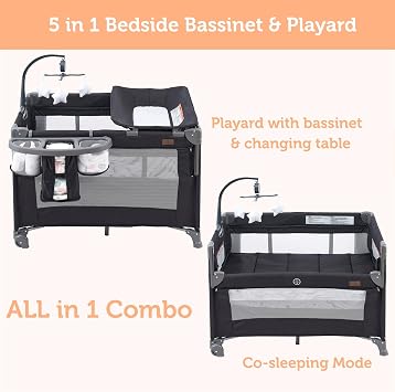 ACCOMBE 5 in 1 Baby Bedside Sleeper,Baby Pack and Play with Bassinet & Mattress,Portable Bedside Crib with Storage, Playard with Bassinet from Newborn to Toddlers(Dark Grey) (Light Gray)