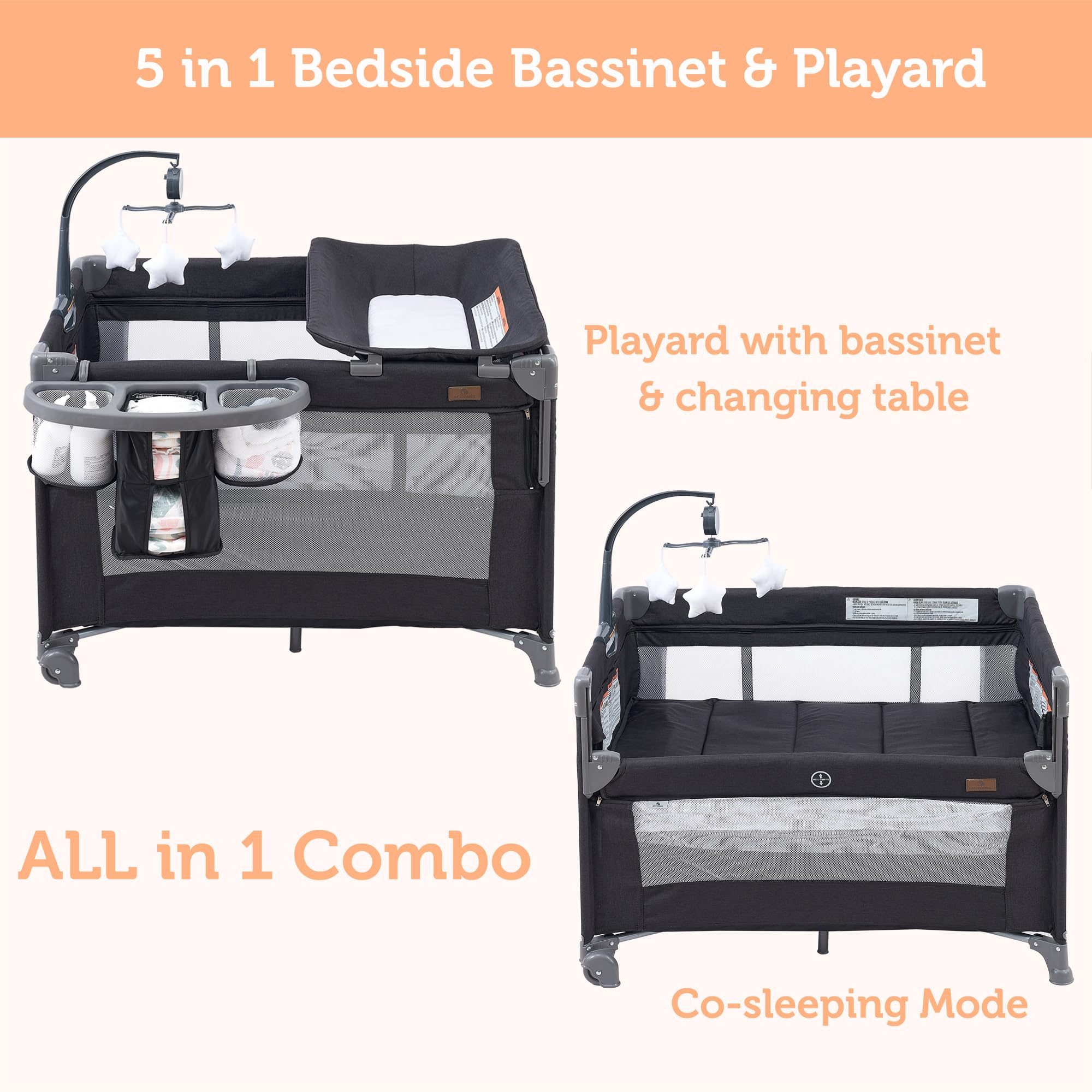 Cama de noche 5 en 1 para bebé, para empacar y jugar con moisés y colchón, cuna portátil con almacenamiento, corral con moisés desde recién nacidos hasta niños pequeños (gris oscuro) (gris 6