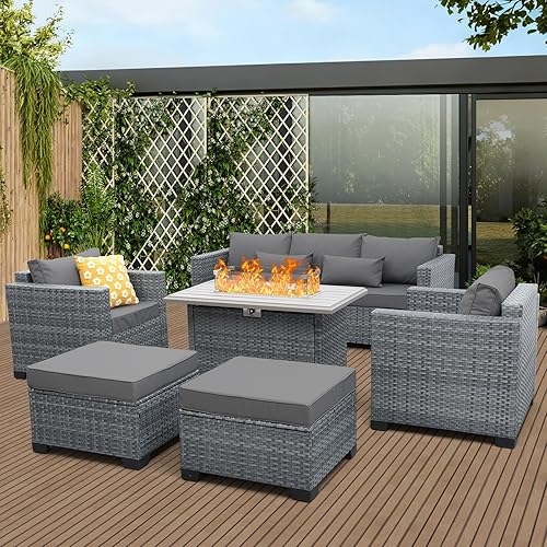 Juego de 6 muebles de mimbre para patio, juego de conversación al aire libre, sofá seccional de ratán de polietileno con mesa para fogatas de 45