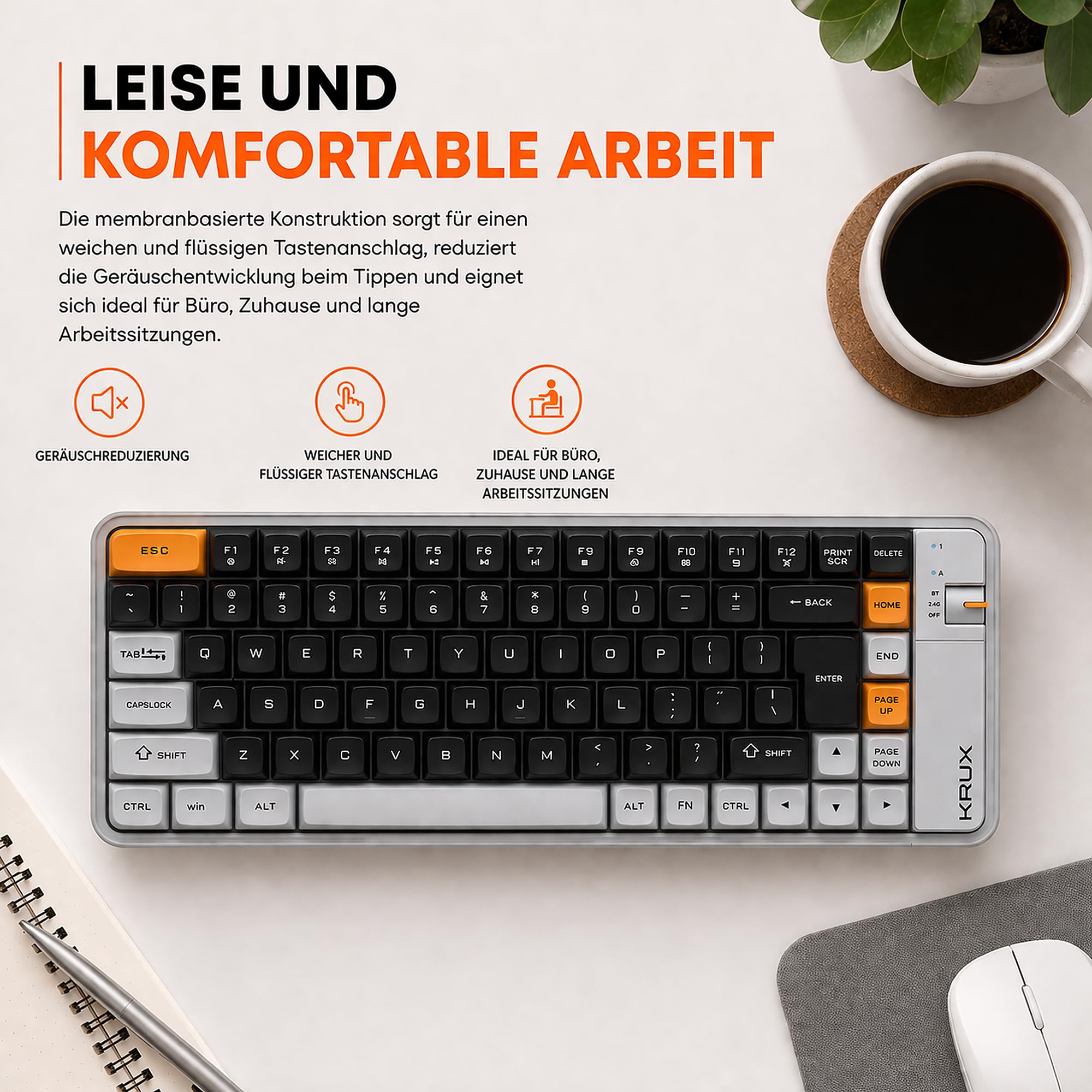KRUX Zyro 75%, Bezprzewodowa klawiatura membranowa 84 klawisze, Bluetooth + 2,4 GHz + USB-C, cicha, układ US ANSI, Windows/Mac/Linux/Android, szaro-żółta, retro design