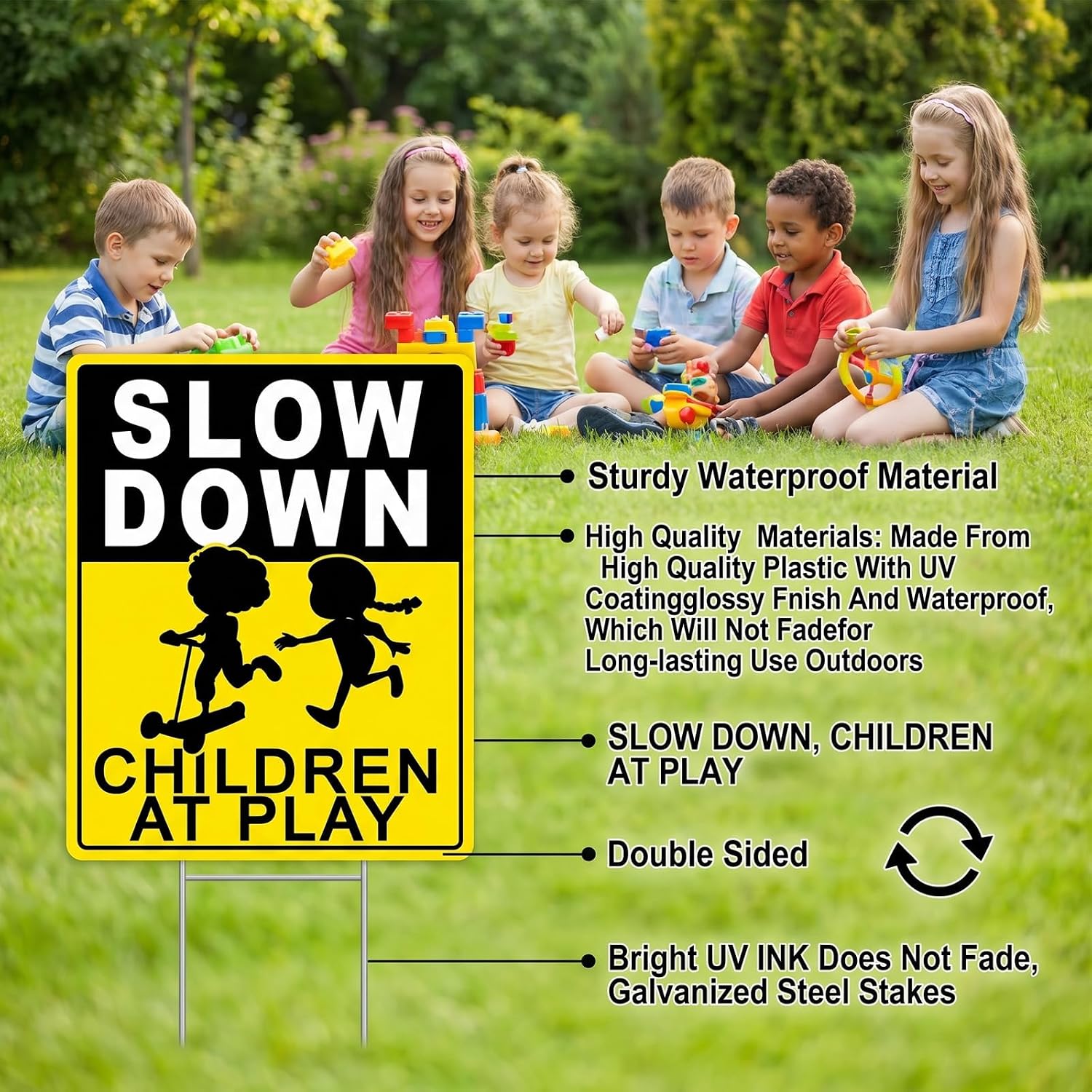 4-Pack Slow Down Signs, Children at Play Safety Signs for Street, 17"x13" Double-Sided, H-Metal Stakes, Corrugated Plastic - Caution Kids Playing Traffic Crossing Sign