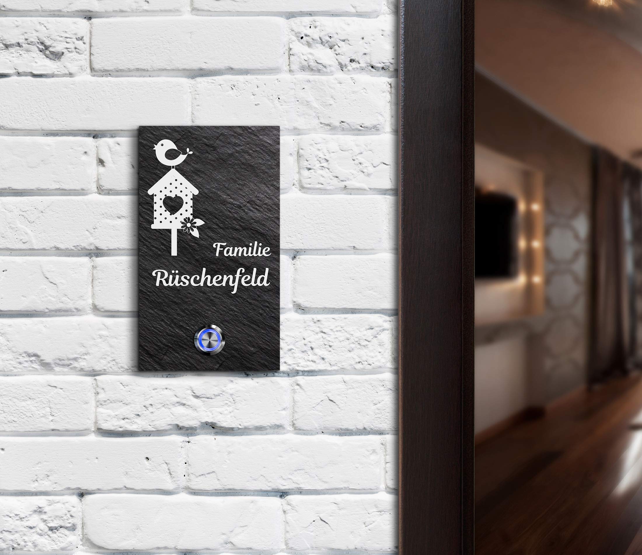 Schiefer Türklingel mit Gravur und LED-Klingelknopf und über 100 Motive | Modell: Rüschenfeld-sch | 10x15 cm Klingel-Taster Klingelschild Klingelplatte Namensschild beschriftet