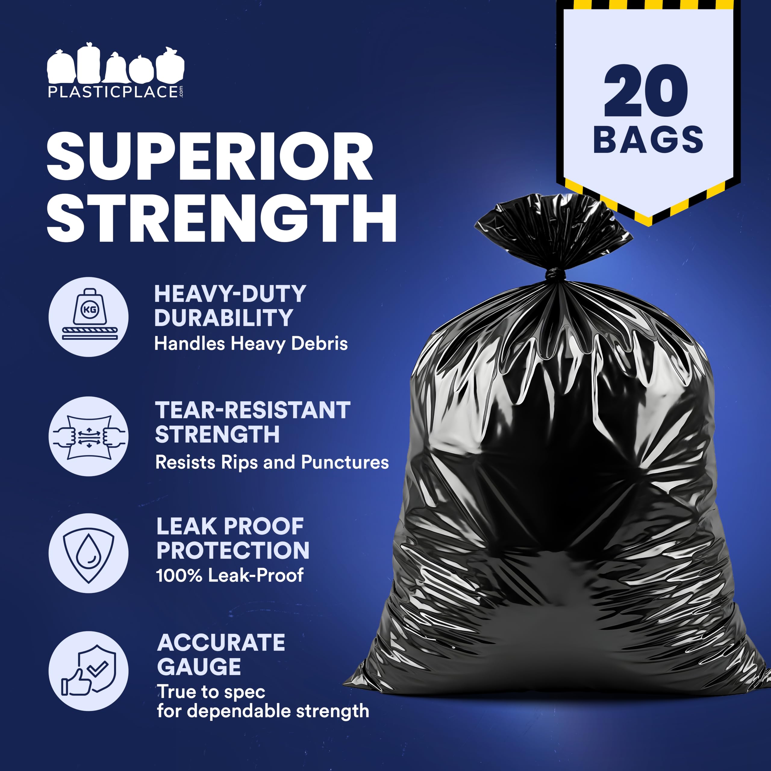 Plasticplace Bolsas de basura para contratistas de 55-60 galones, 6.0 mil, bolsa de basura negra resistente, 36 x 58 pulgadas (20 unidades) (CON55X620A)