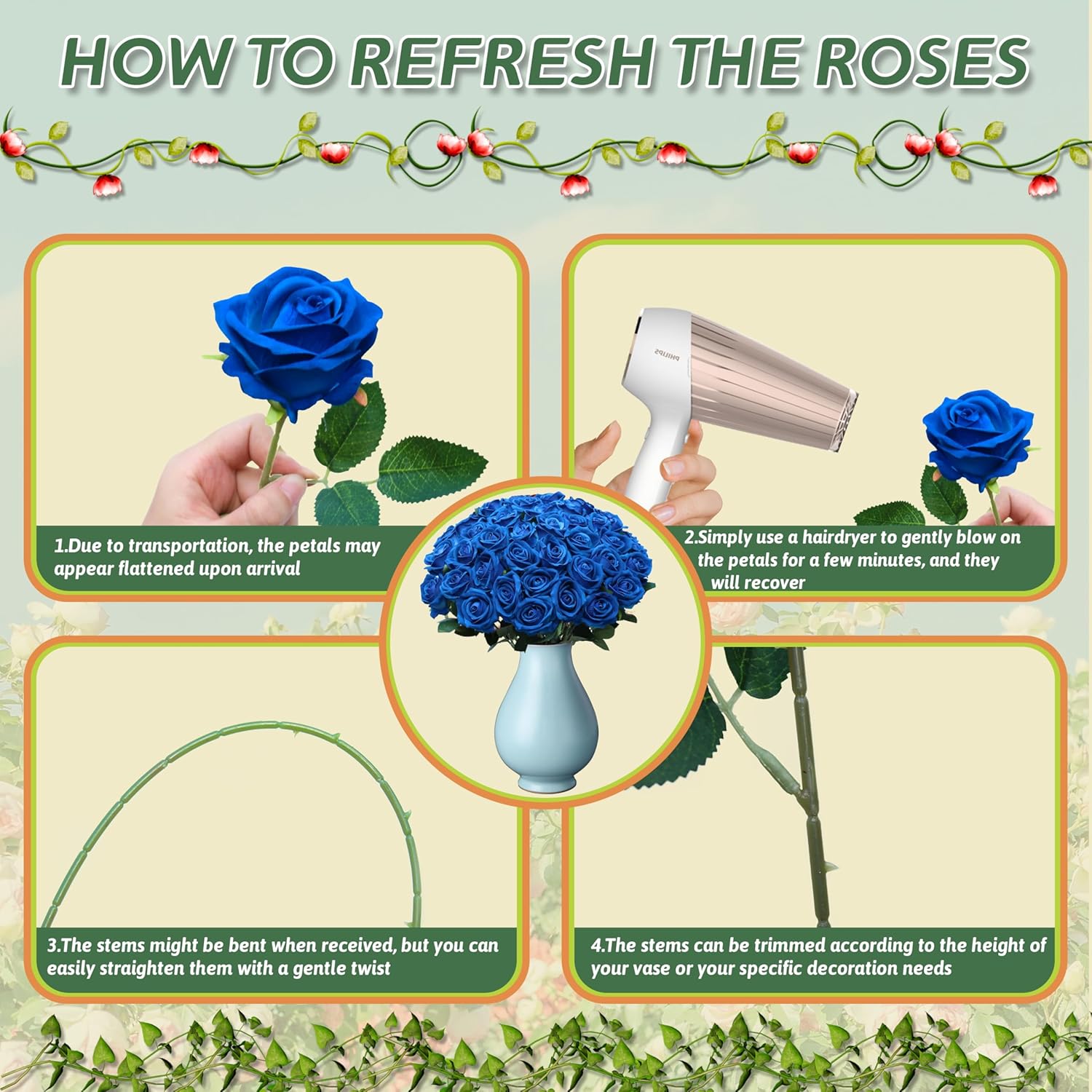 50 PCS Fake Blue Roses, Artificial Blue Flowers Realistic Silk Faux Rose with Stems for Wedding Decorations Romantic Gifts Anniversary Celebration Bridal Bouquets DIY Floral Arrangement Home Decor - Image 5