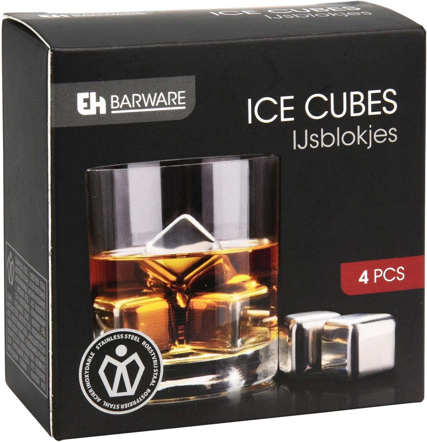 Stainless Steel Ice Cubes - Set of 4 in Box with Clip Ø2.7 cm