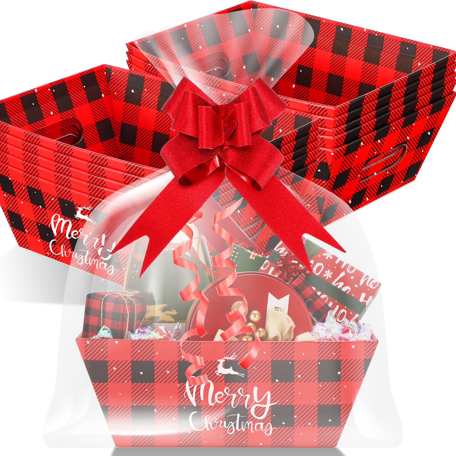 Yeaqee Set di 36 cestini natalizi vuoti per regali, include 12 cestini natalizi a quadri di bufalo per regali da riempire, robusti cestini di cartone sfusi 12 sacchetti 12 fiocchi da tirare per Natale