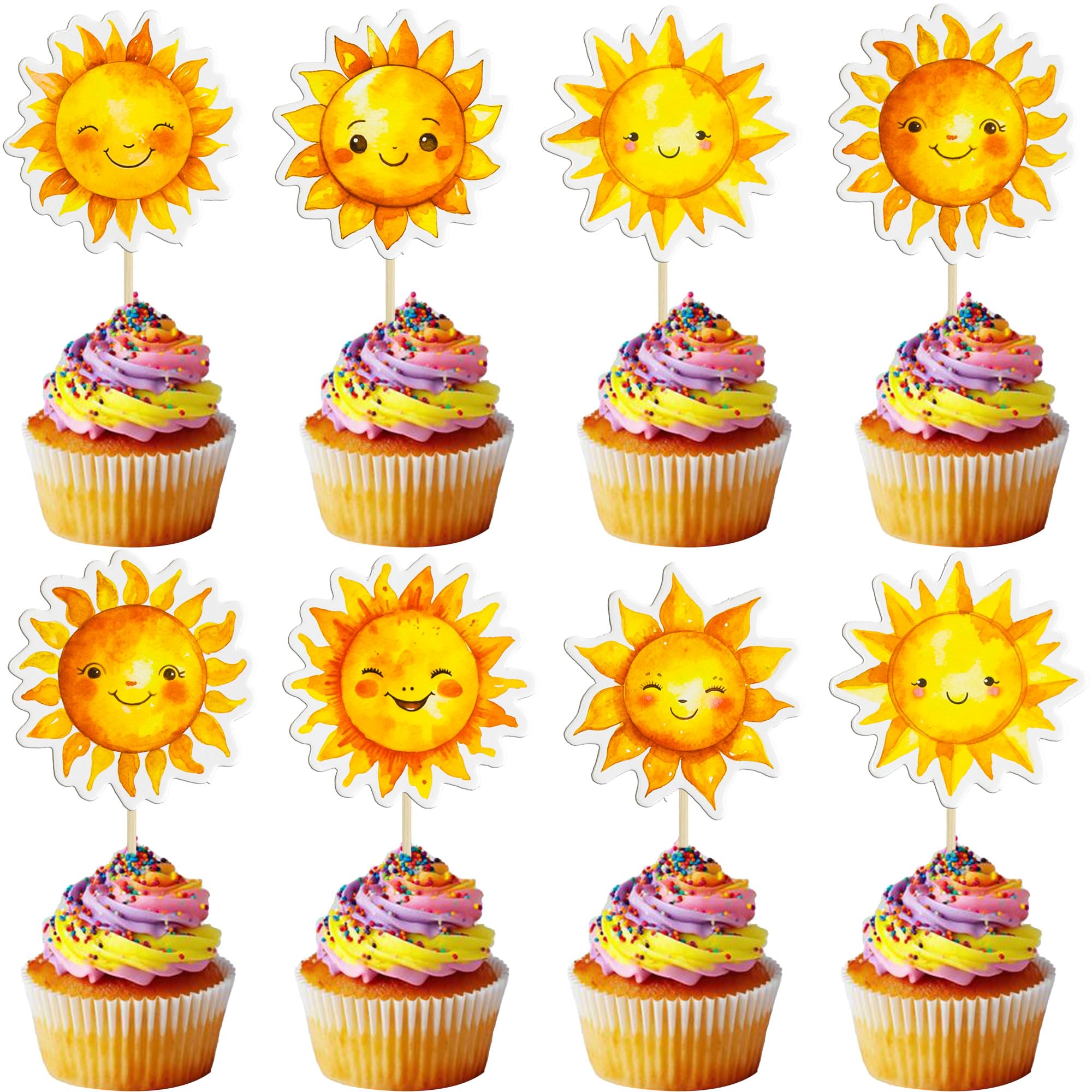 Ephlyn 36Pcs Sun Cupcake Toppers Sun Flower Smile Sunshine Cupcake Picks Decorations for Summer Theme Baby Shower Birthday Party Cake Decorations Orange