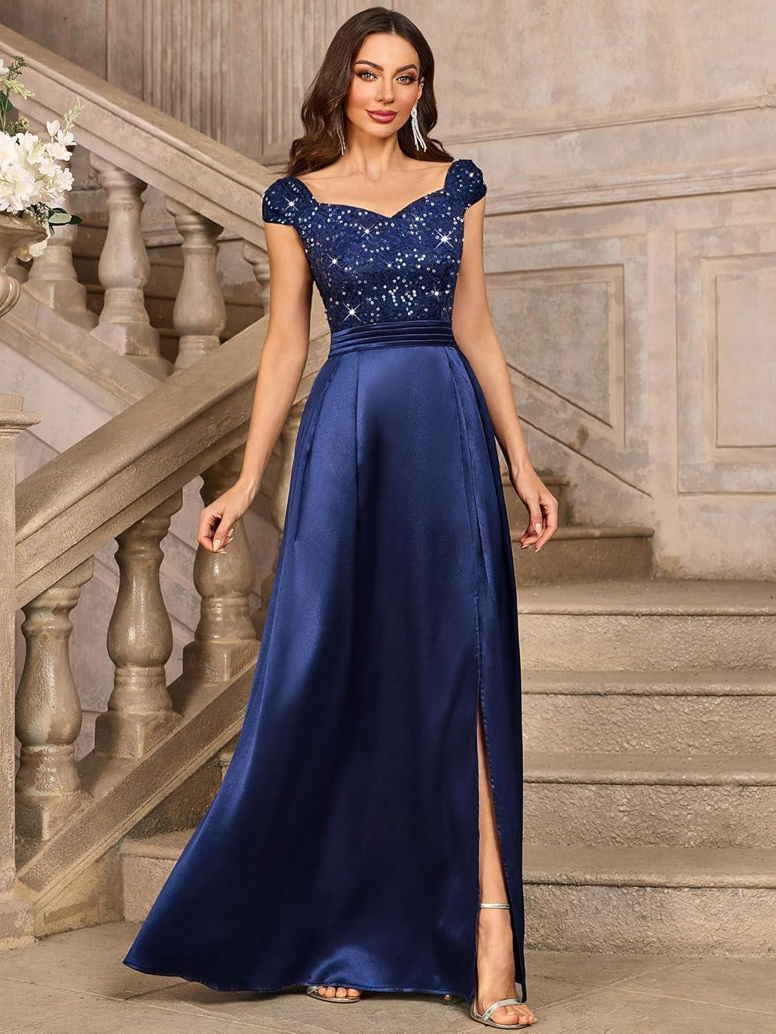 Miusol Women's Elegant V-Neck Sequin Lace Contrast Satin Split Bridesmaid Maxi Dress - Image 5