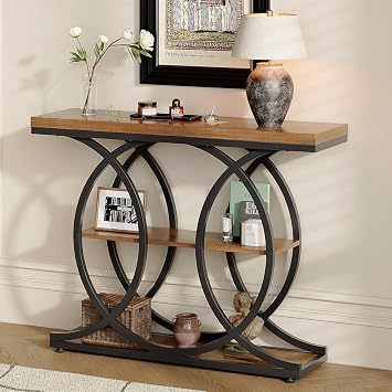 Tohomeor Narrow Console Table for Hallway 105 x 30 cm, Industrial 3-Tier Sofa Table with Round Base, Wooden Accent Table with Storage Compartments for Living Room, Hallway, Entryway Brown