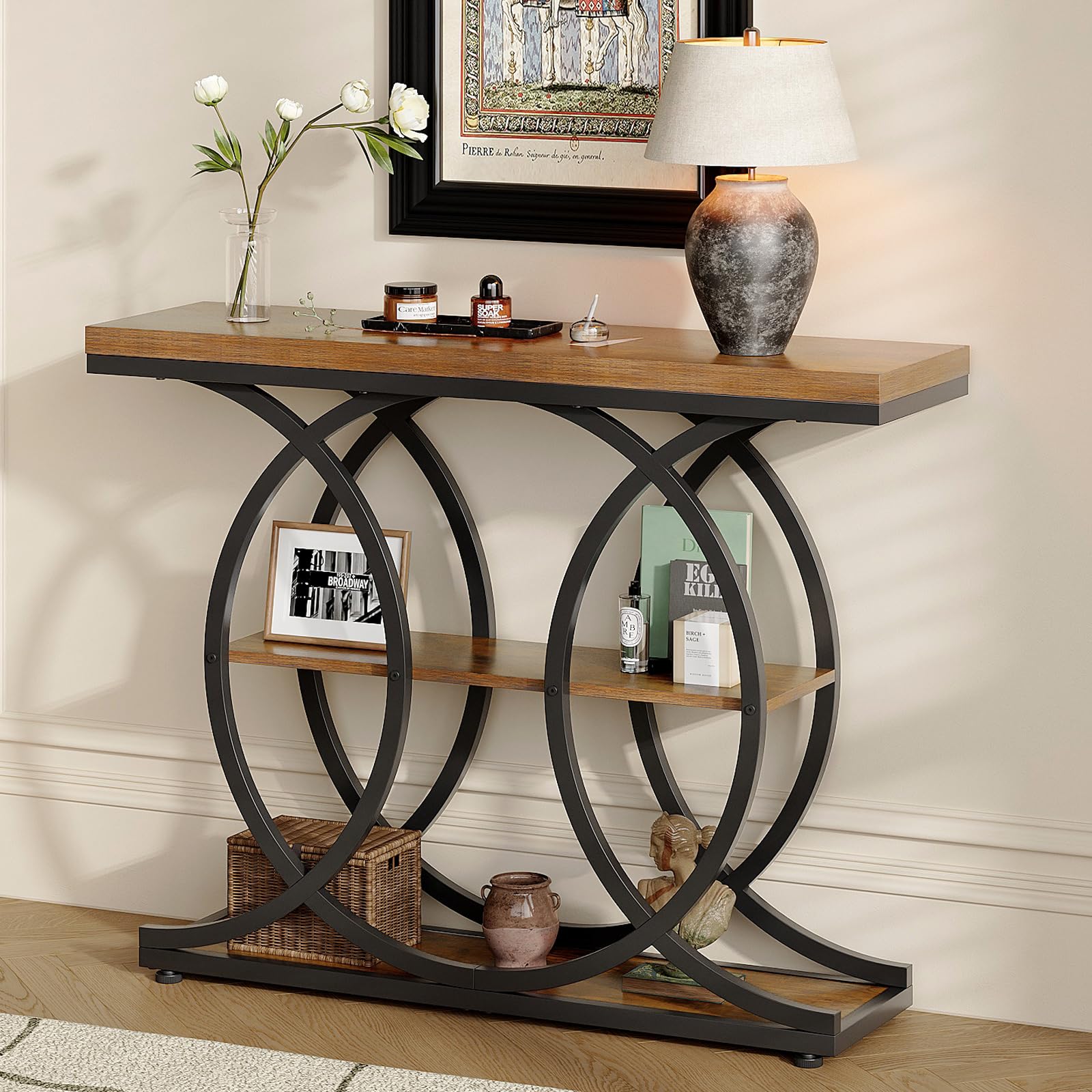 GiftGo Narrow Console Table for Entryway Industrial 3-Tier Sofa Table Behind Couch with Circle Base Wooden Accent Wall Tables with Storage Shelves for