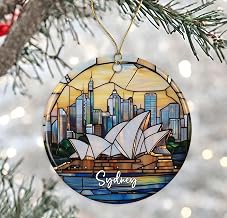 Sydney Opera House Stained Glass Christmas Ornament, 2.85" Hanging Keepsake Gift for Sydney Lovers