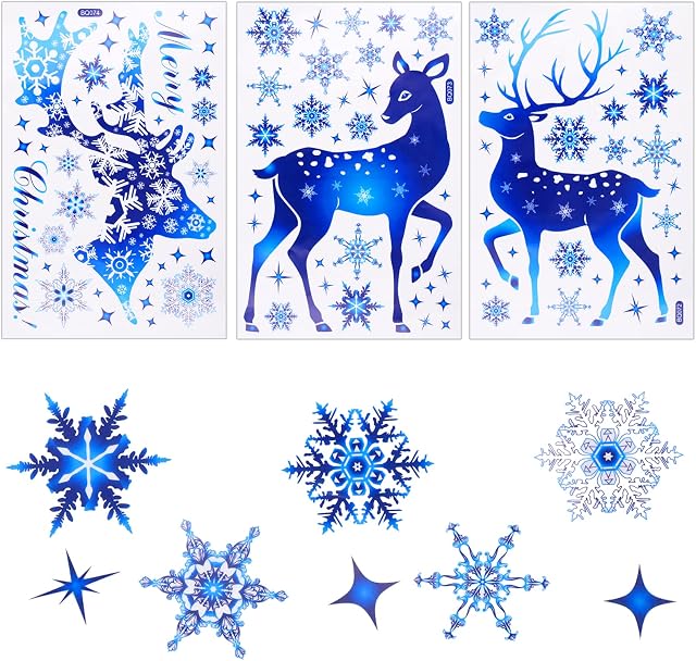 50pcs Christmas Window Stickers, Snowflake Reindeer Window Clings Reusable Christmas Clings Window Decoration for Winter Christmas Party Decorations(3 Different Size)