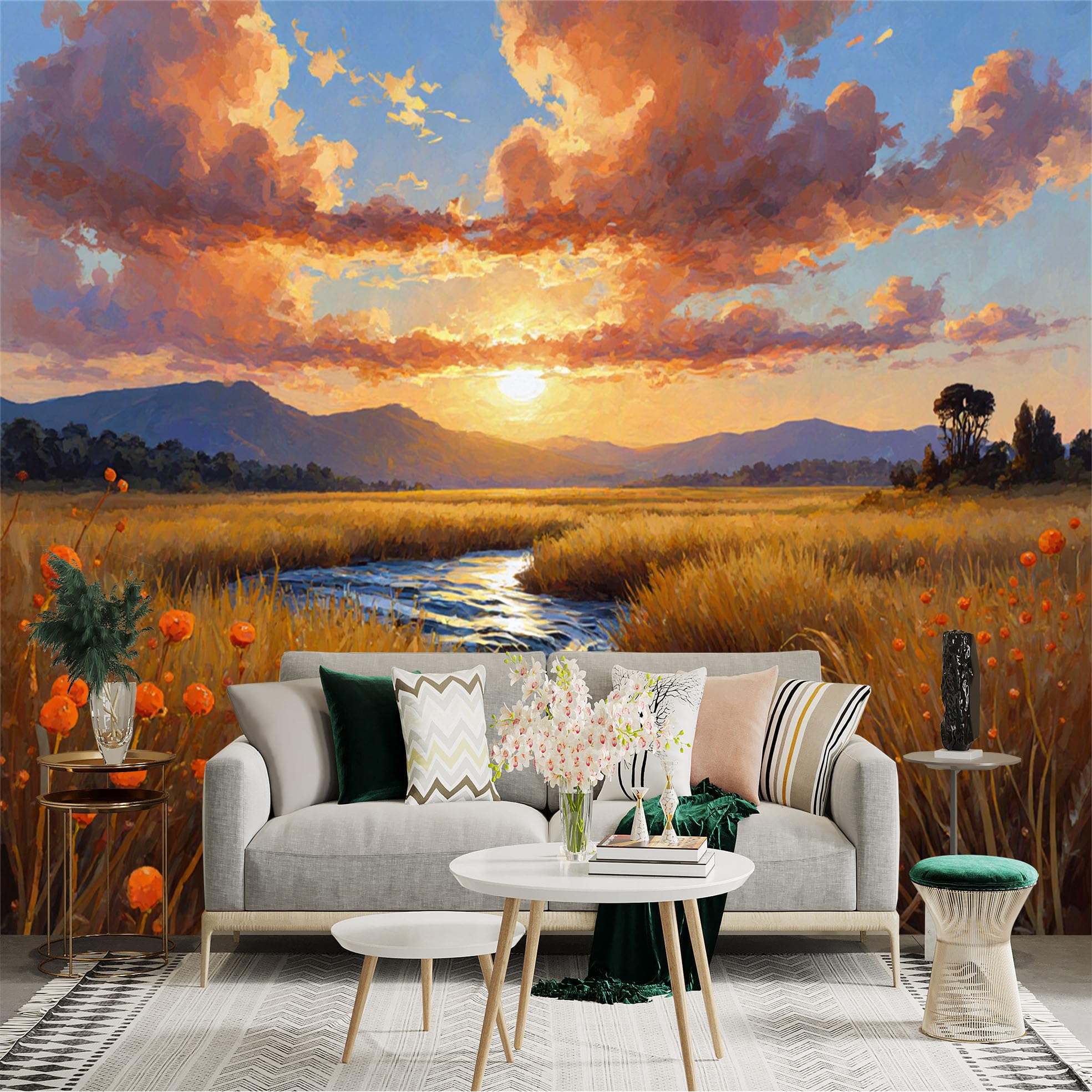 Custom Size Wall Sticker Mural， Sunset Landscape with River， Golden Field， Mountains and Clouds， for wall Decoration， peelandstick wall Decals.