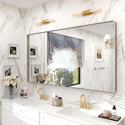 Espejo de baño plateado de 55 x 30 pulgadas para pared, espejo de tocador de baño con marco plateado de metal cepillado, espejo rectangular de