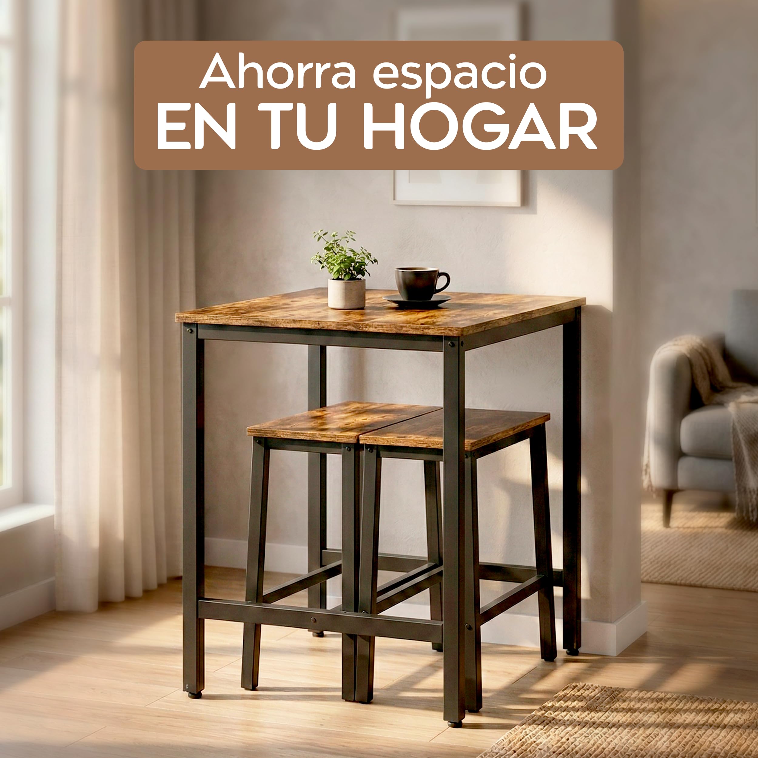 Marctani Juego de Mesa Alta Cocina con Taburetes (Set de 3 Piezas) - Mesa Alta Bar de Estilo Industrial 90 x 60 cm - Estructura de Metal Negra y Madera MDF - Patas Antideslizantes y Antirayones