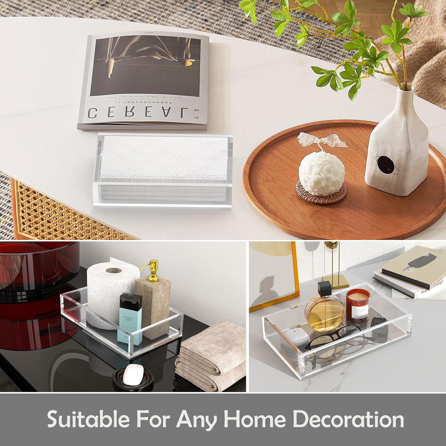 Napkin Holder, 8mm Thicken Clear Acrylic Tray for Disposable Hand Towels, Bathroom Vanity Organizer Tray Guest Paper Towels holder Lucite Tray for Bathroom, Business, Restaurant, Hotel - Image 7