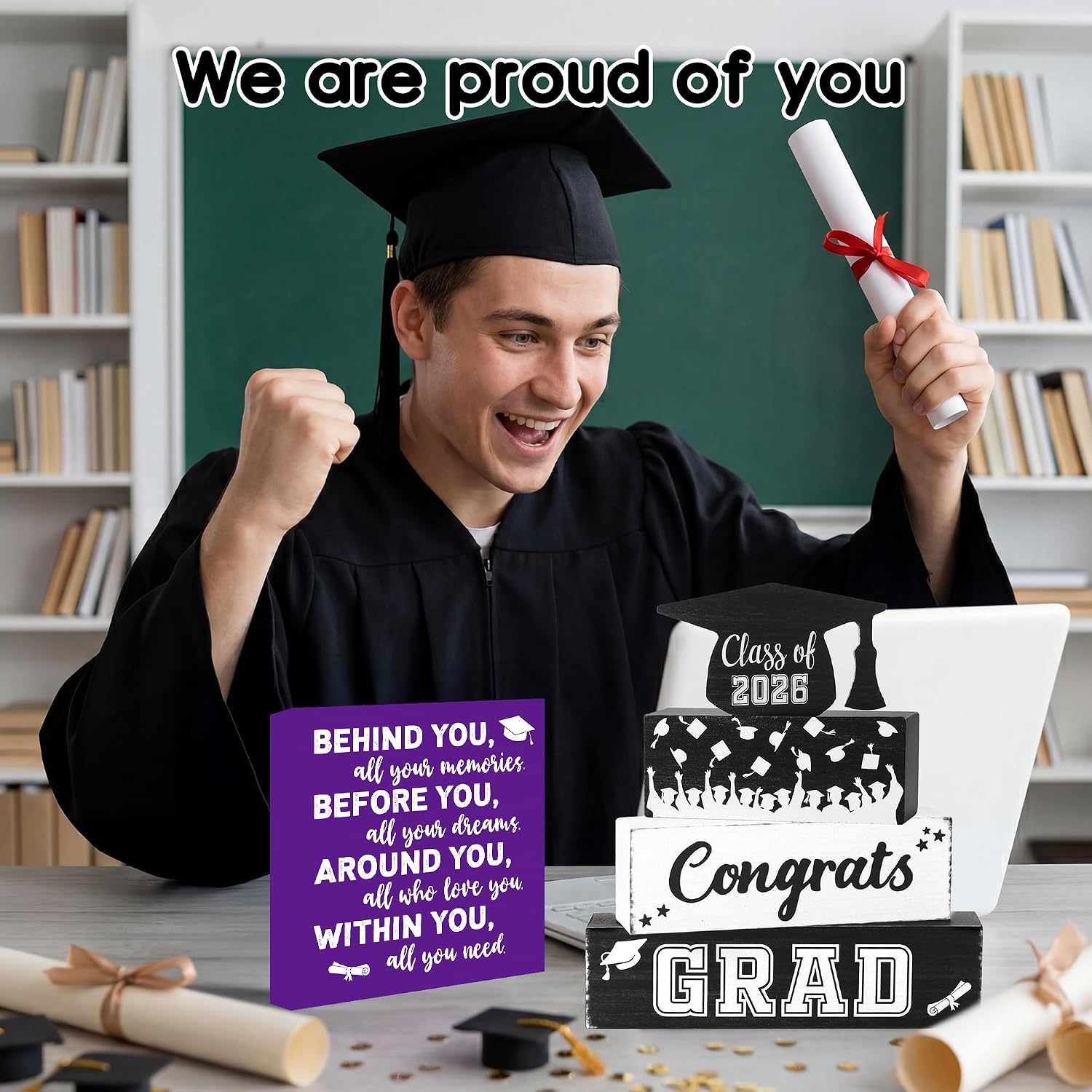2026 Graduation Wood Box Sign for Graduate Gifts, Positive Quote Behind You All Your Memories Wooden Box Block Sign for Grad Party Favors Supplies Tabletop Home, Purple image 4
